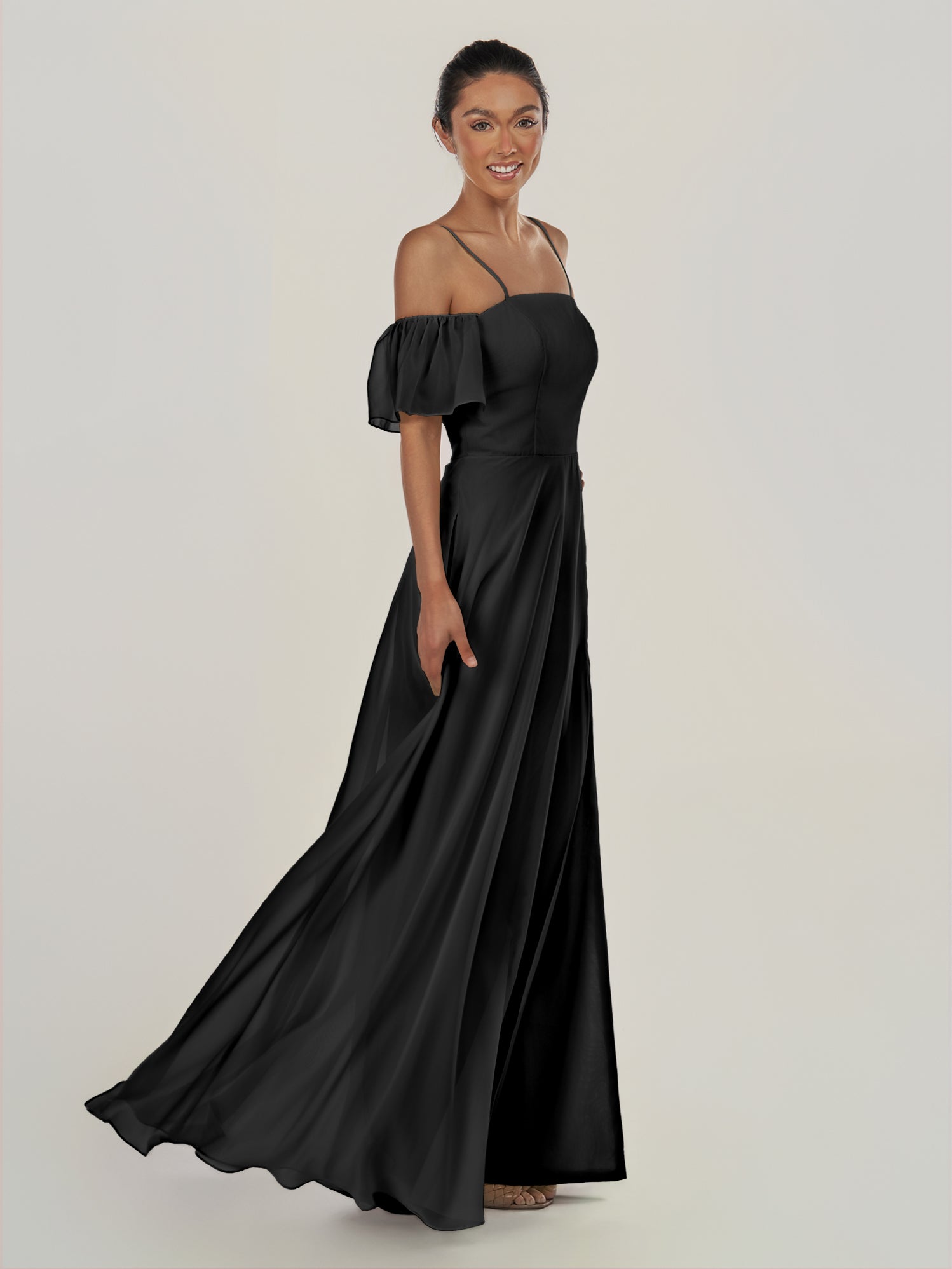 KissDress-Olia Black A Line Chiffon Off the Shoulder Long Bridesmaid Dress with Slit