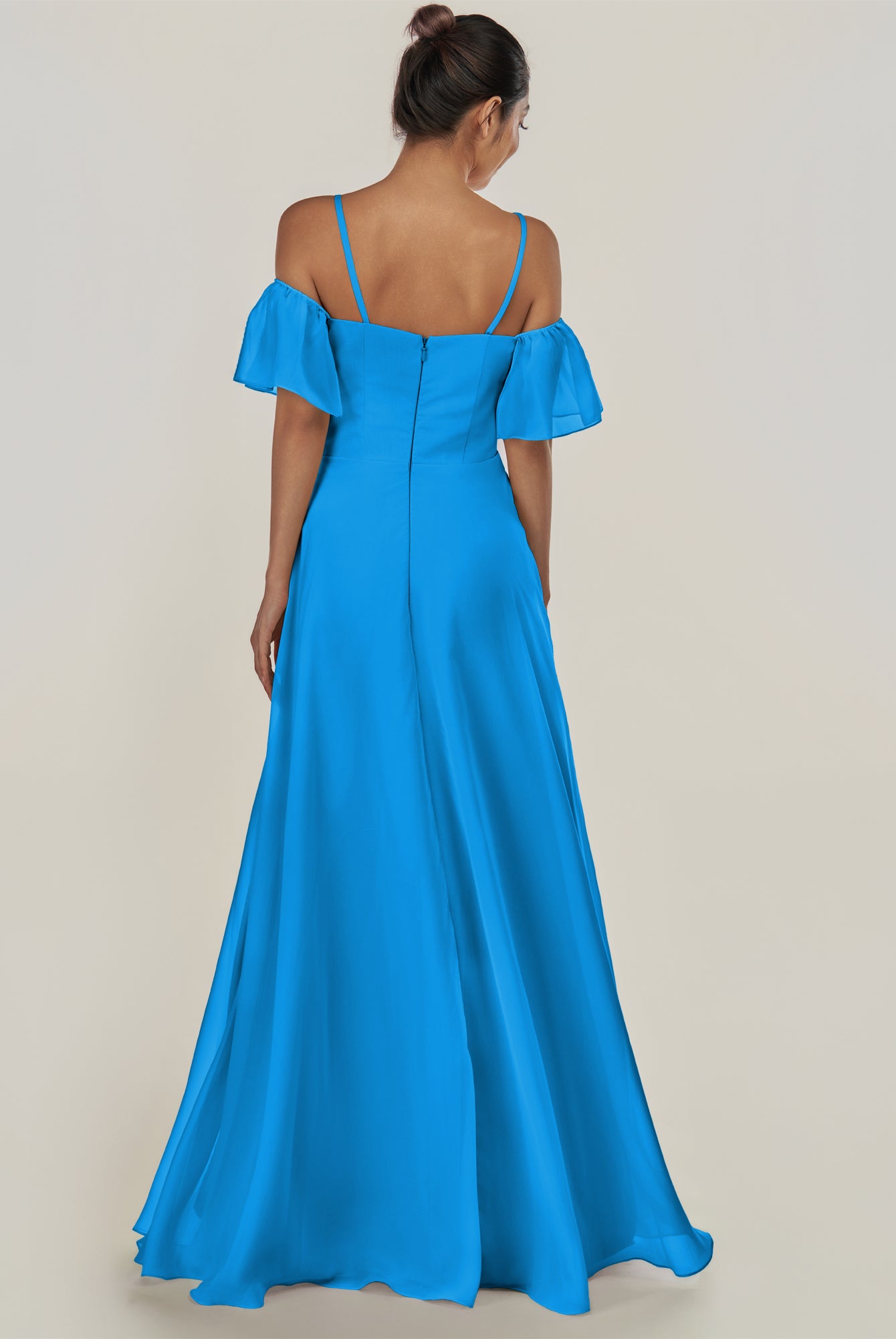 KissDress-Olia Blue Jay A Line Chiffon Off the Shoulder Long Bridesmaid Dress with Slit