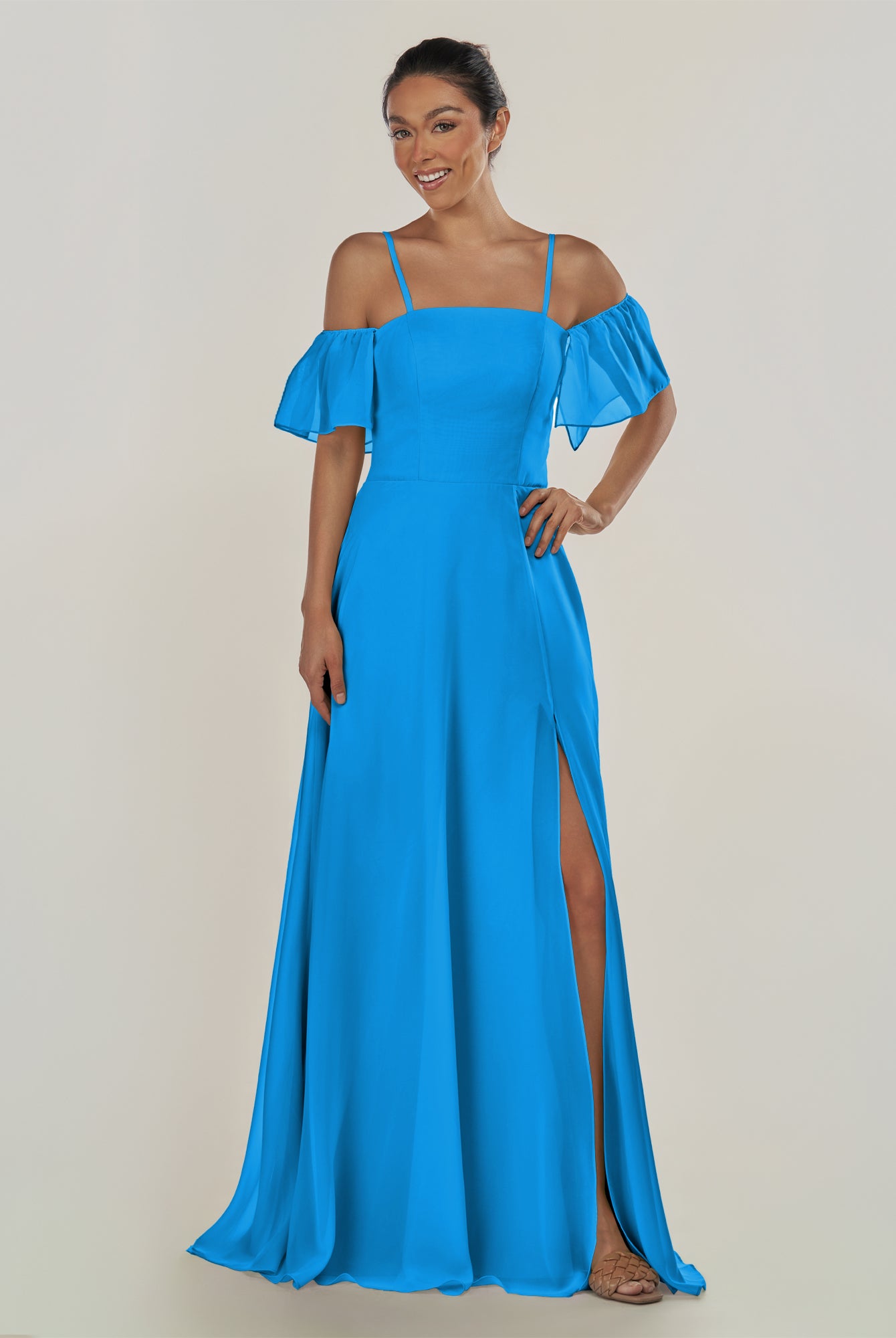 KissDress-Olia Blue Jay A Line Chiffon Off the Shoulder Long Bridesmaid Dress with Slit