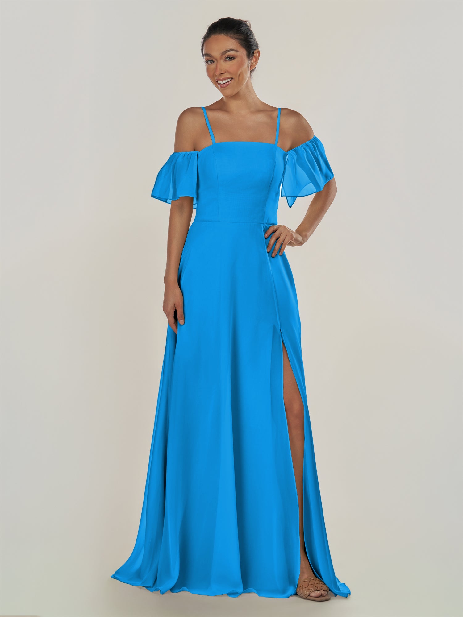 KissDress-Olia Blue Jay A Line Chiffon Off the Shoulder Long Bridesmaid Dress with Slit