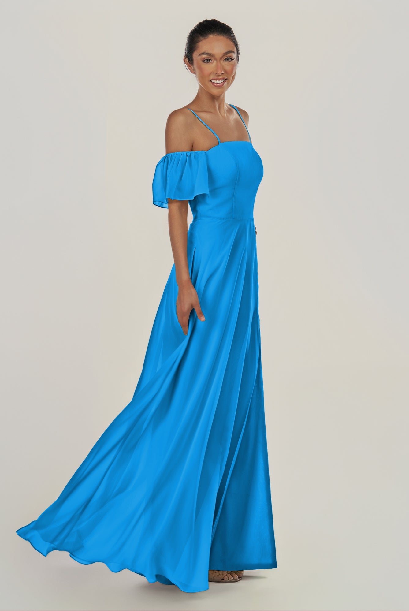 KissDress-Olia Blue Jay A Line Chiffon Off the Shoulder Long Bridesmaid Dress with Slit