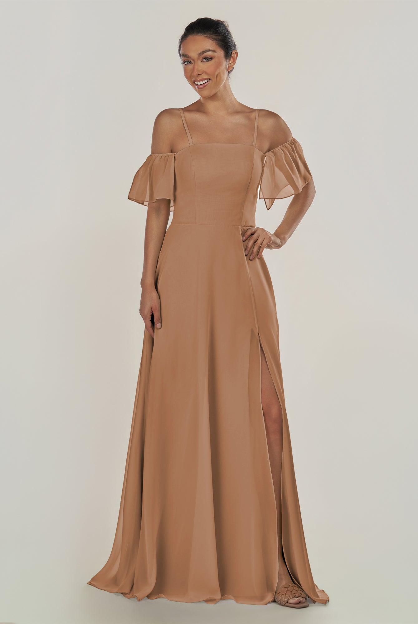 KissDress-Olia Bronzer A Line Chiffon Off the Shoulder Long Bridesmaid Dress with Slit