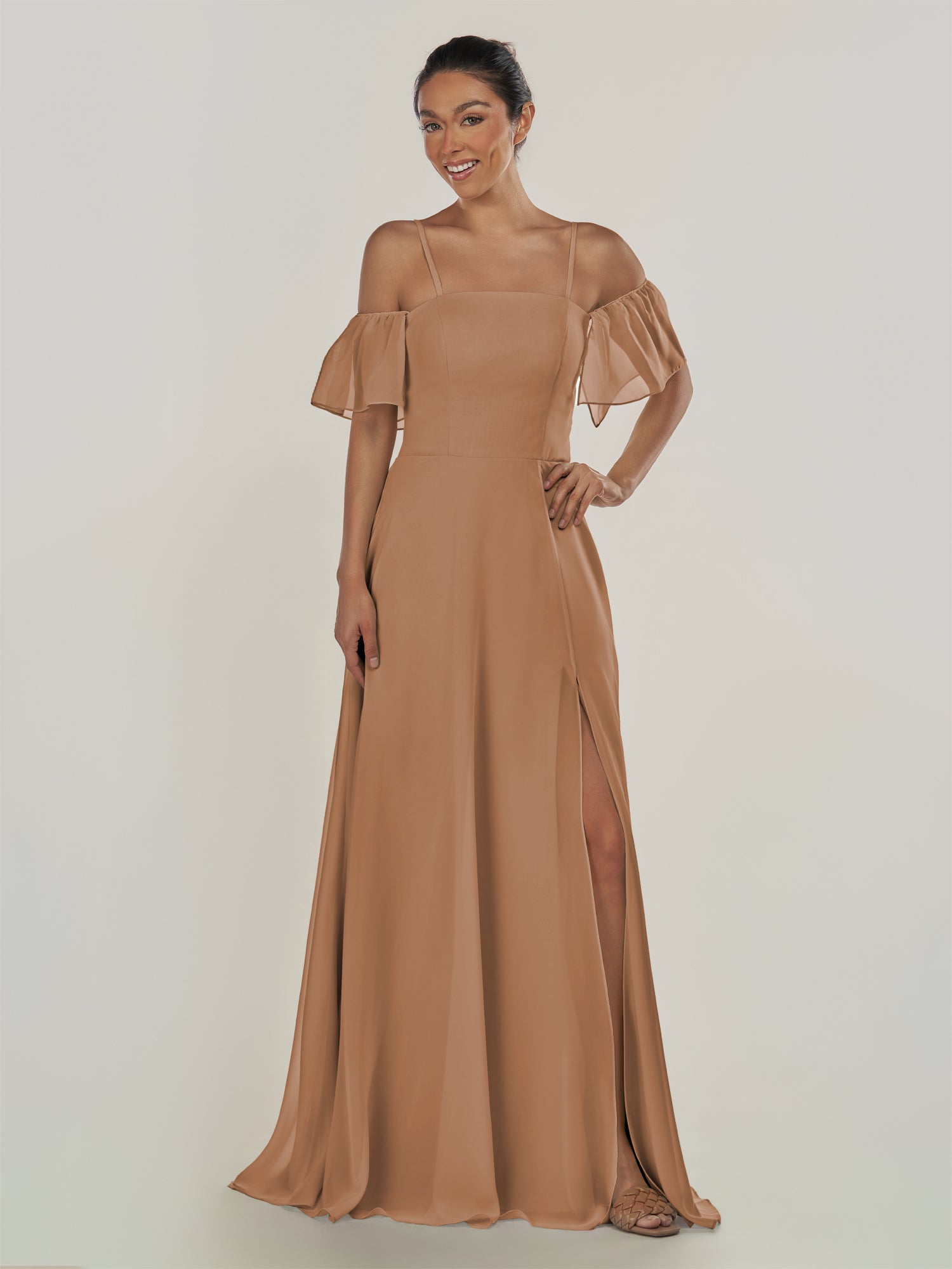 KissDress-Olia Bronzer A Line Chiffon Off the Shoulder Long Bridesmaid Dress with Slit