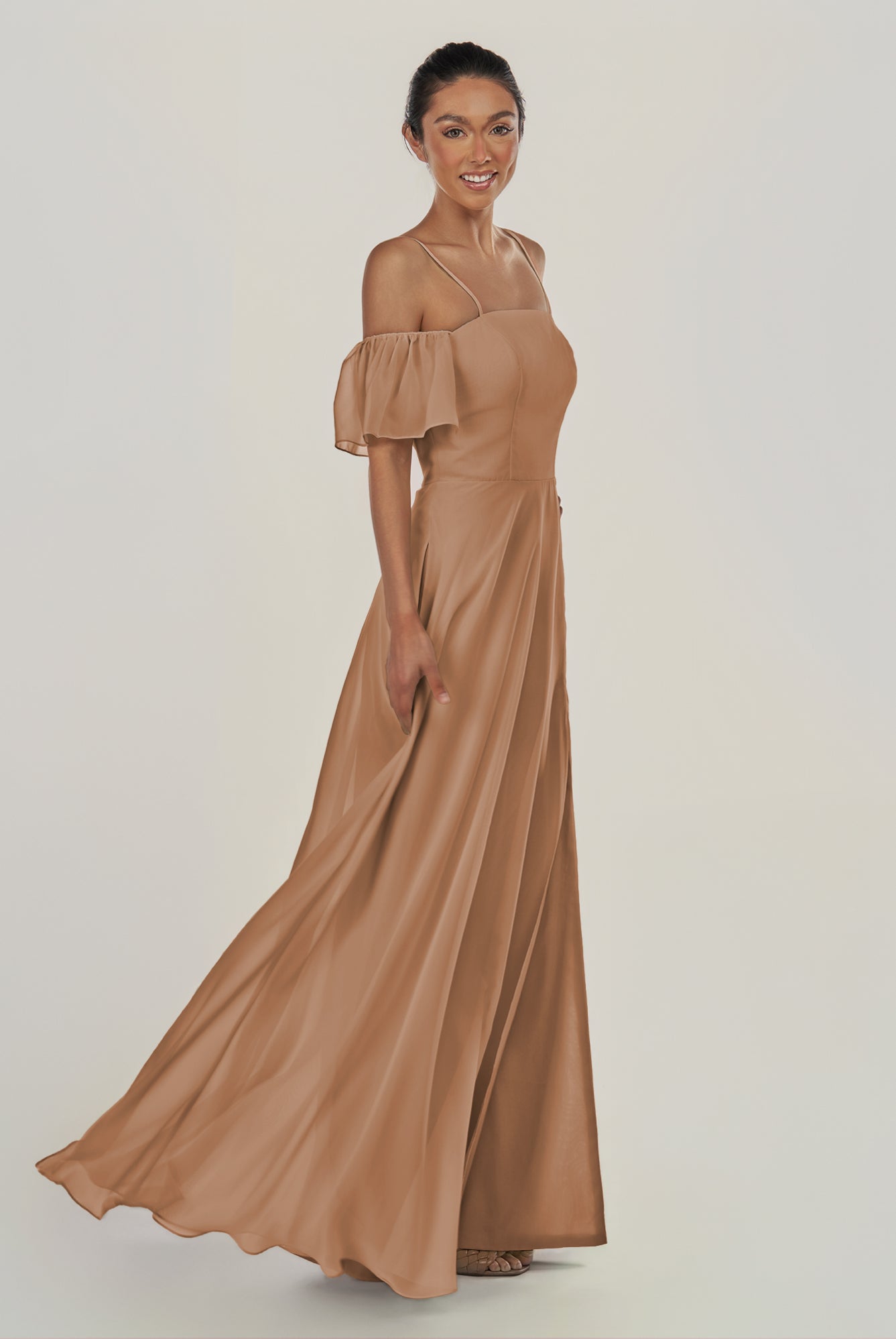 KissDress-Olia Bronzer A Line Chiffon Off the Shoulder Long Bridesmaid Dress with Slit