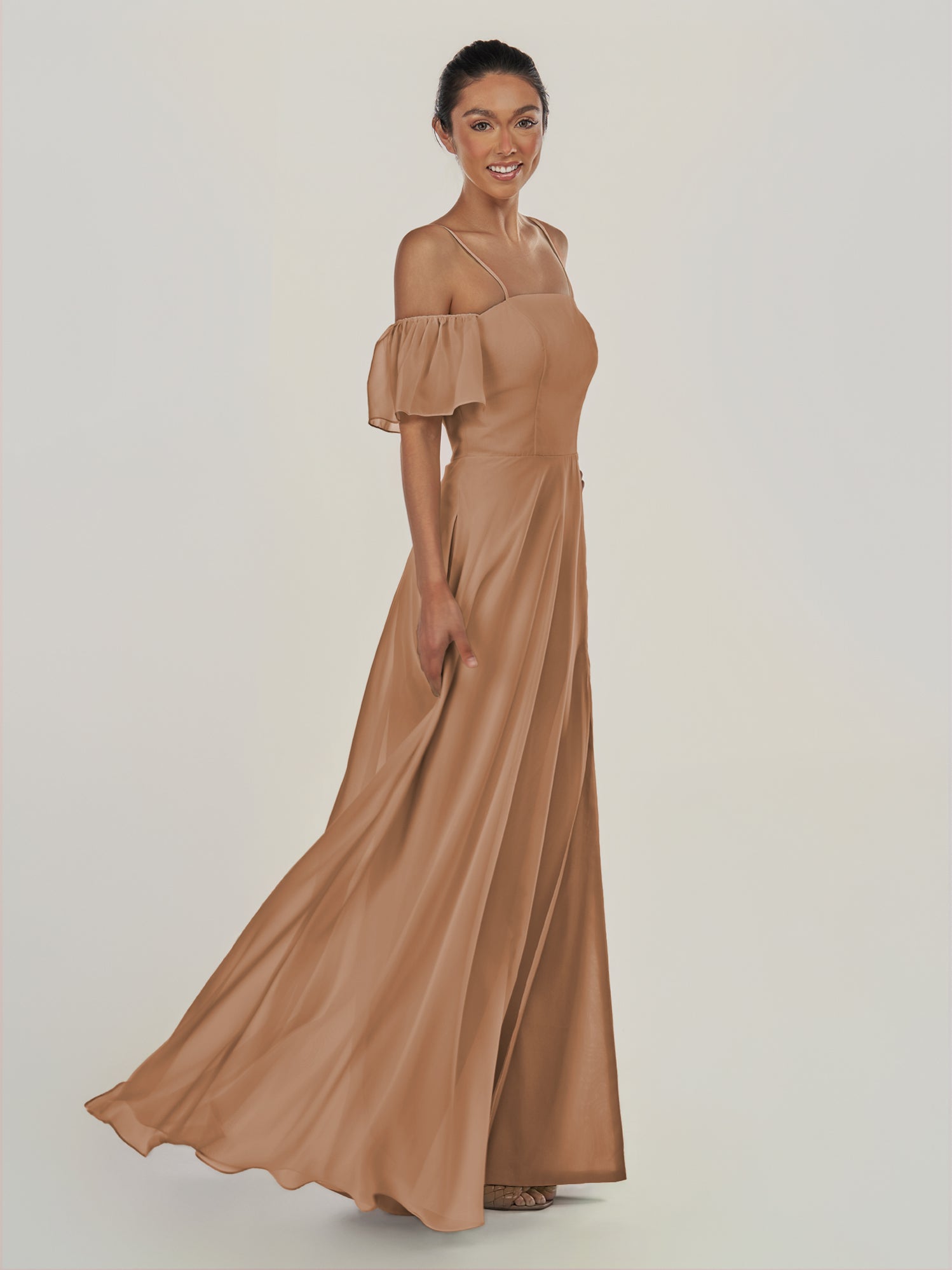KissDress-Olia Bronzer A Line Chiffon Off the Shoulder Long Bridesmaid Dress with Slit