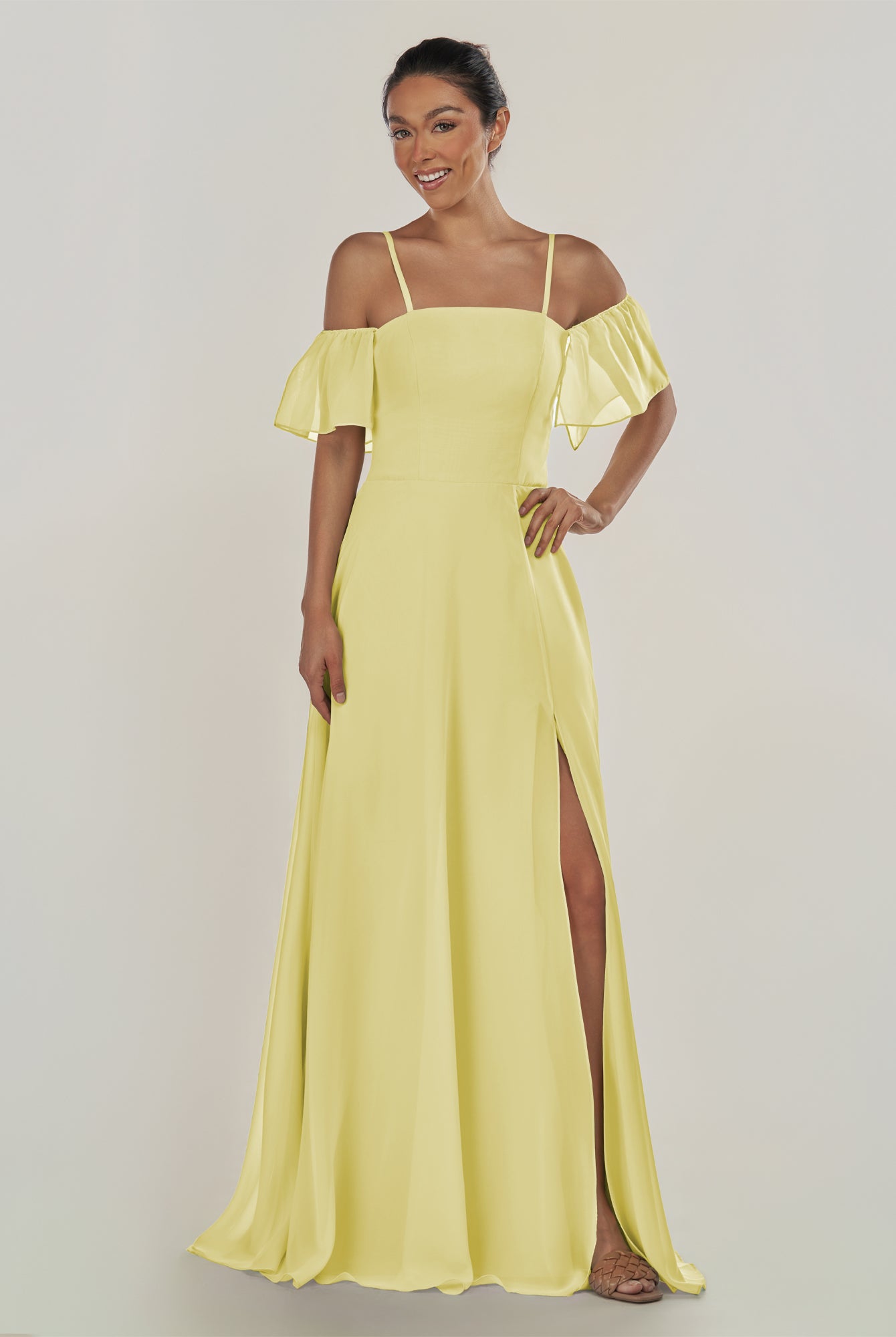 KissDress-Olia Buttercup A Line Chiffon Off the Shoulder Long Bridesmaid Dress with Slit