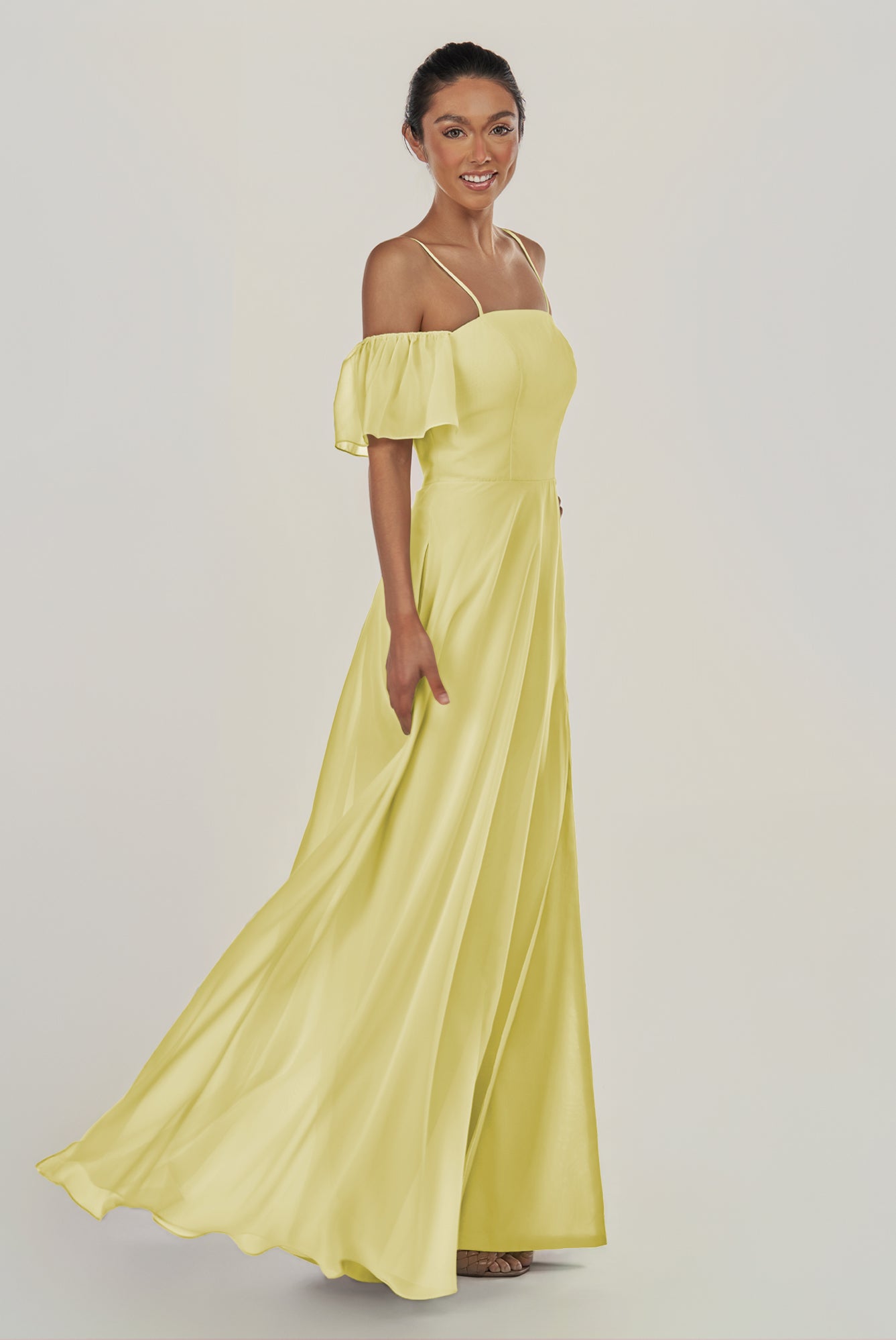 KissDress-Olia Buttercup A Line Chiffon Off the Shoulder Long Bridesmaid Dress with Slit