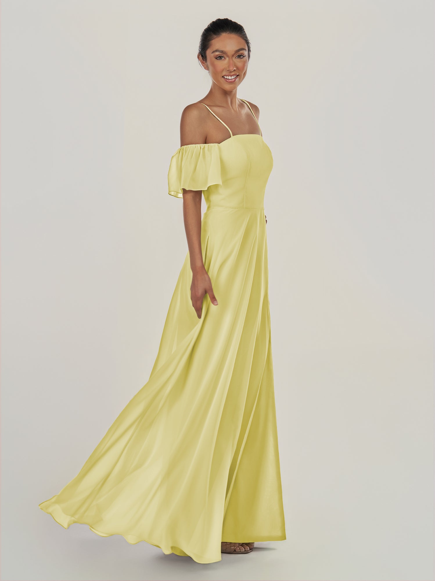 KissDress-Olia Buttercup A Line Chiffon Off the Shoulder Long Bridesmaid Dress with Slit