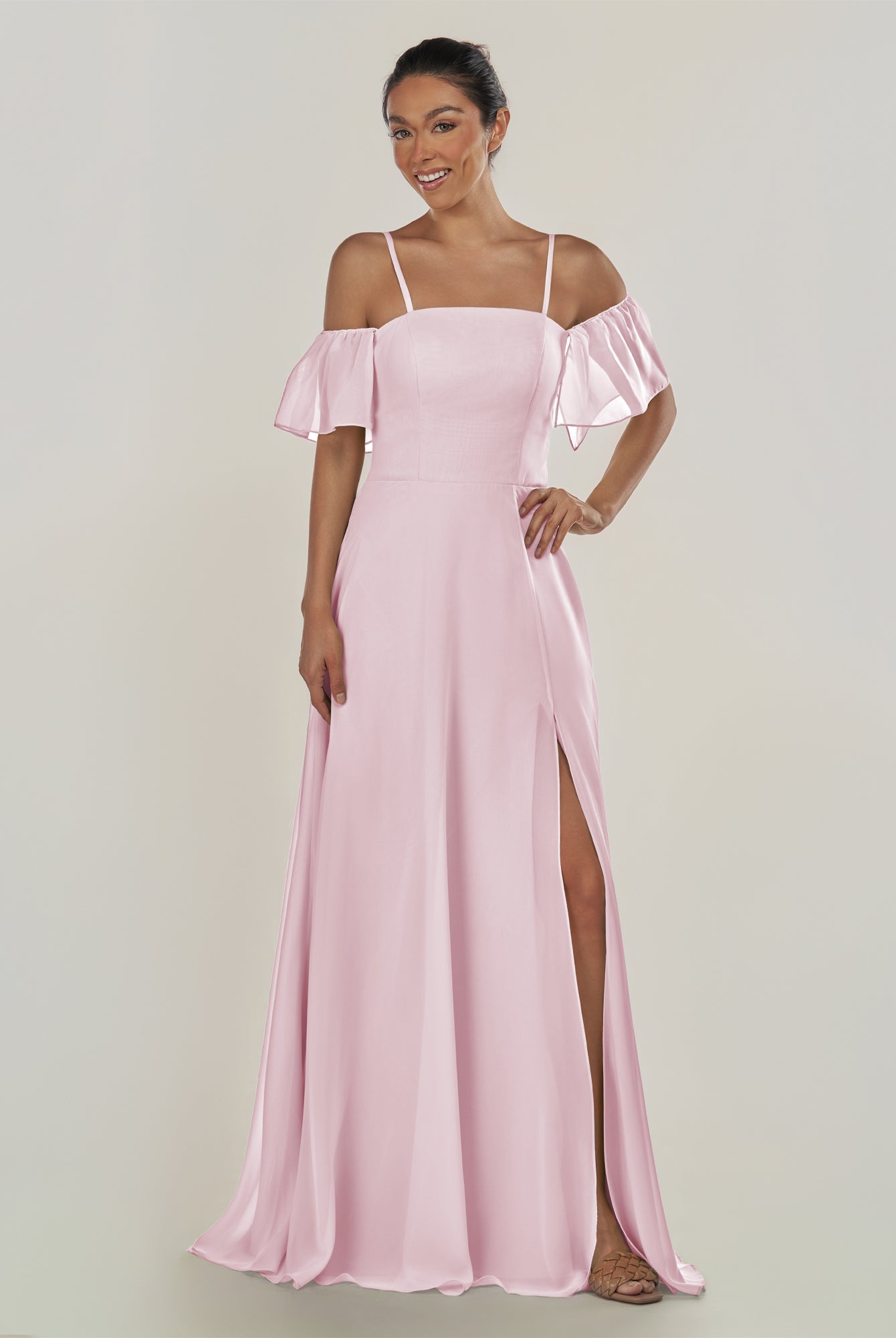 KissDress-Olia Candy Pink A Line Chiffon Off the Shoulder Long Bridesmaid Dress with Slit