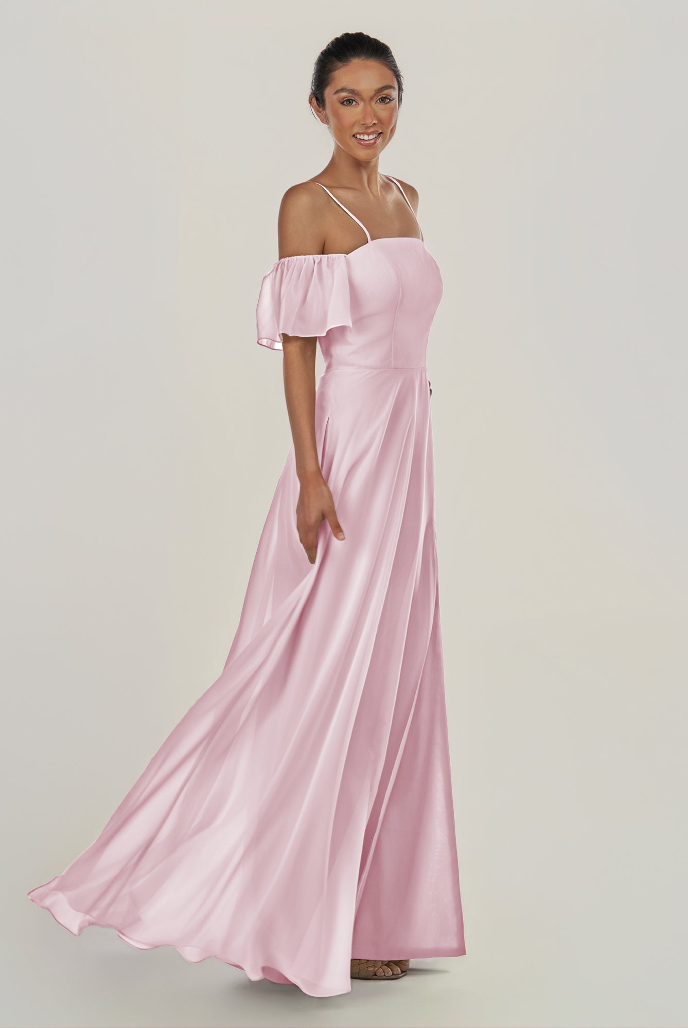 KissDress-Olia Candy Pink A Line Chiffon Off the Shoulder Long Bridesmaid Dress with Slit
