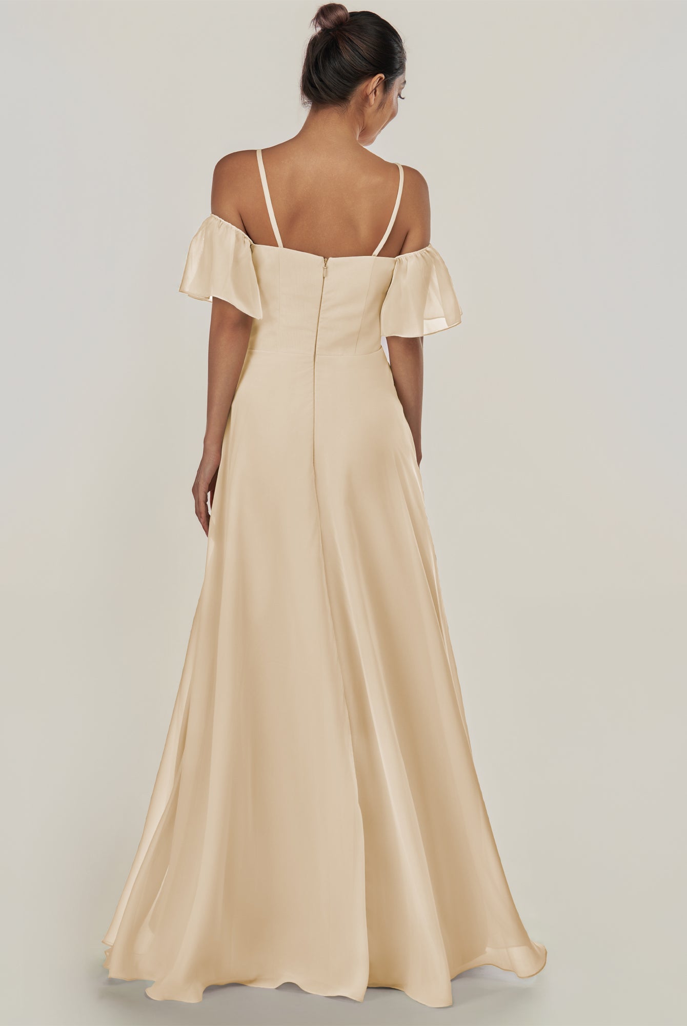 KissDress-Olia Champagne A Line Chiffon Off the Shoulder Long Bridesmaid Dress with Slit