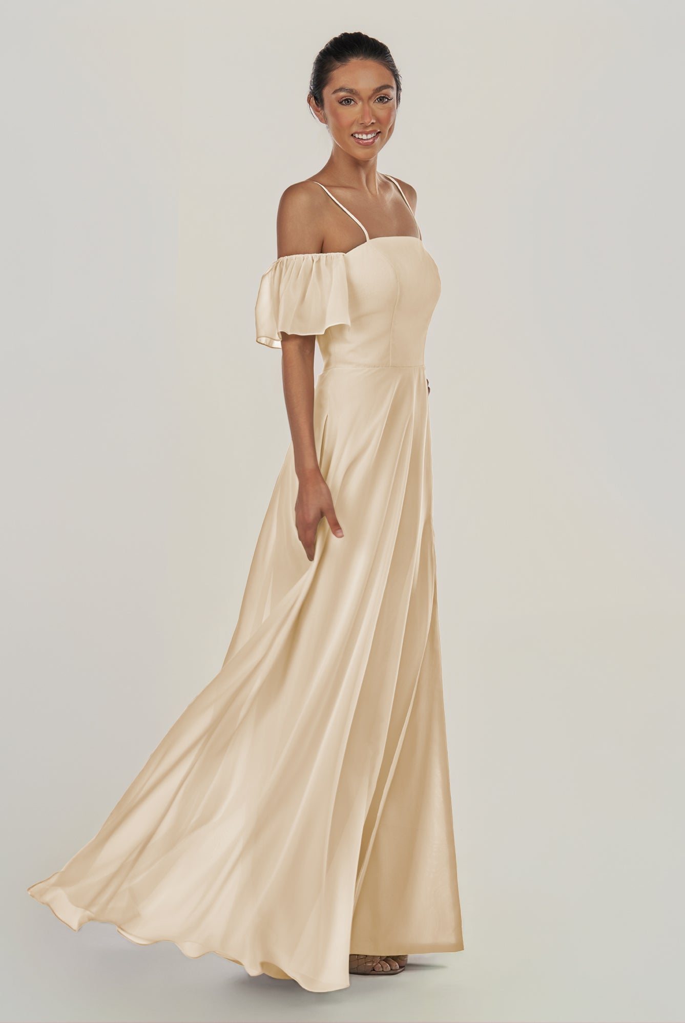 KissDress-Olia Champagne A Line Chiffon Off the Shoulder Long Bridesmaid Dress with Slit