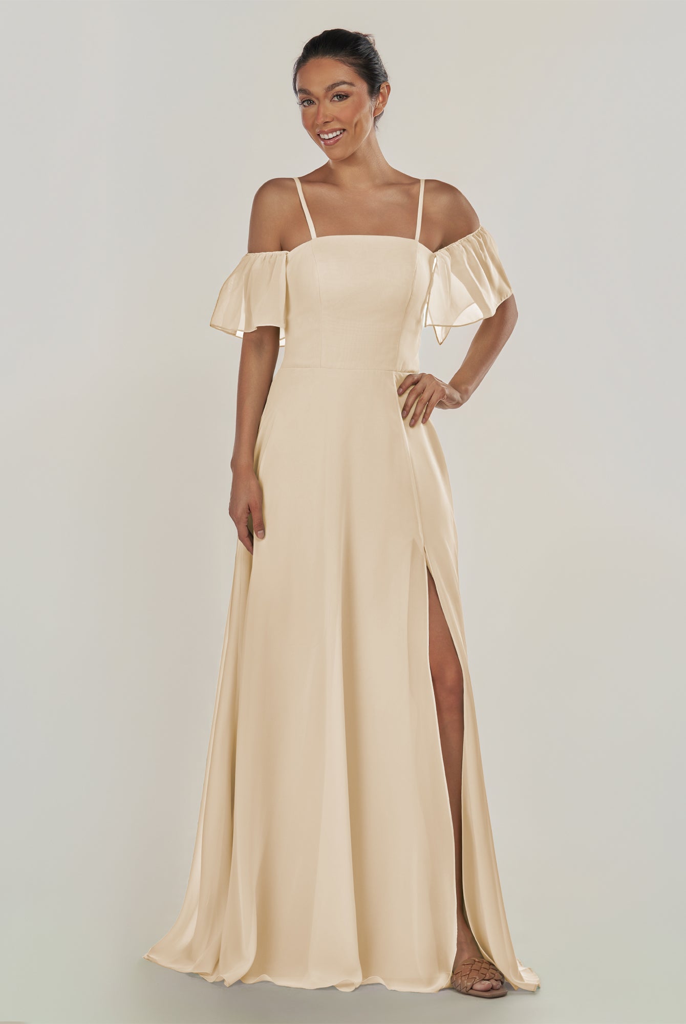 KissDress-Olia Champagne A Line Chiffon Off the Shoulder Long Bridesmaid Dress with Slit