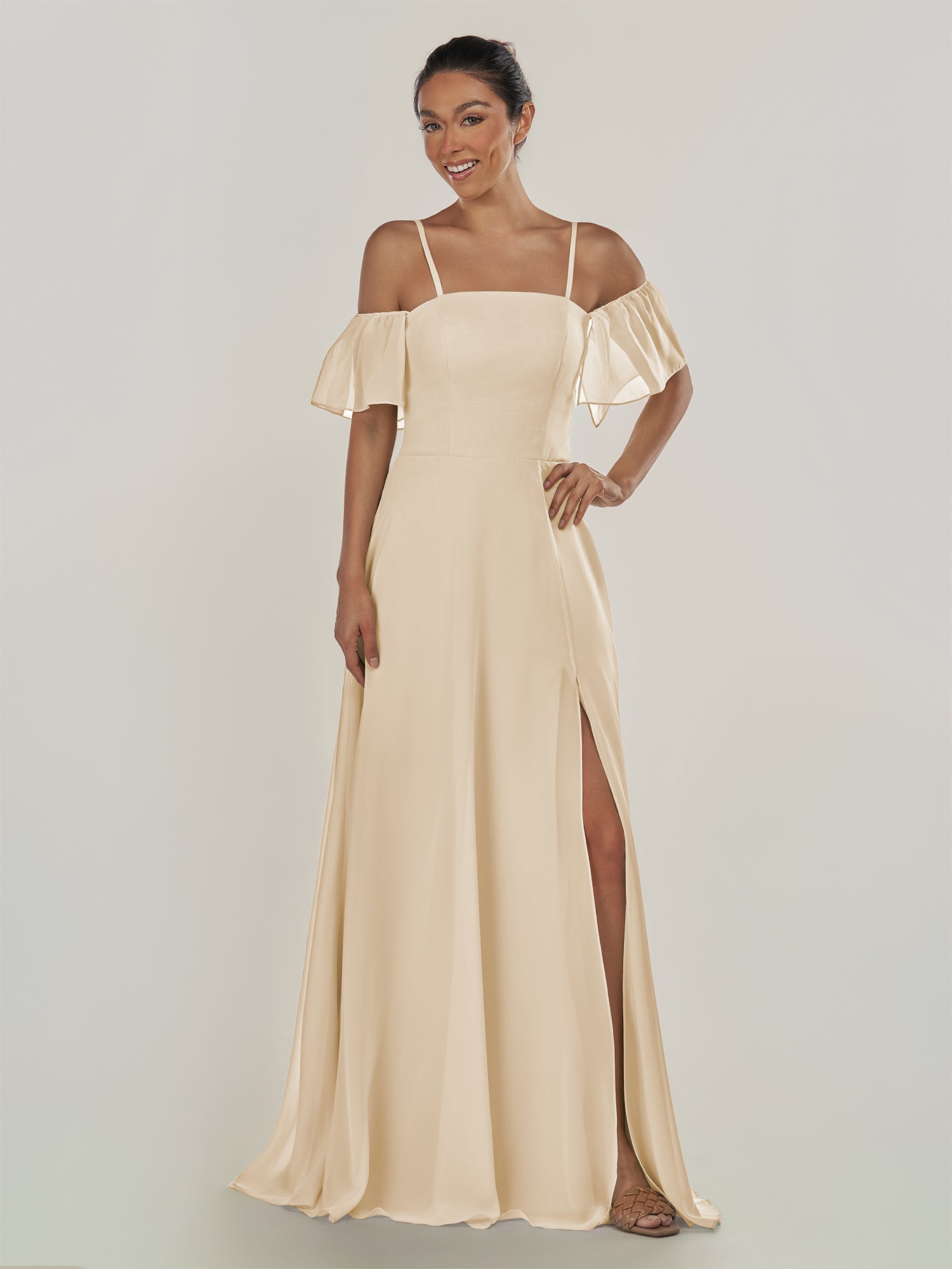 KissDress-Olia Champagne A Line Chiffon Off the Shoulder Long Bridesmaid Dress with Slit