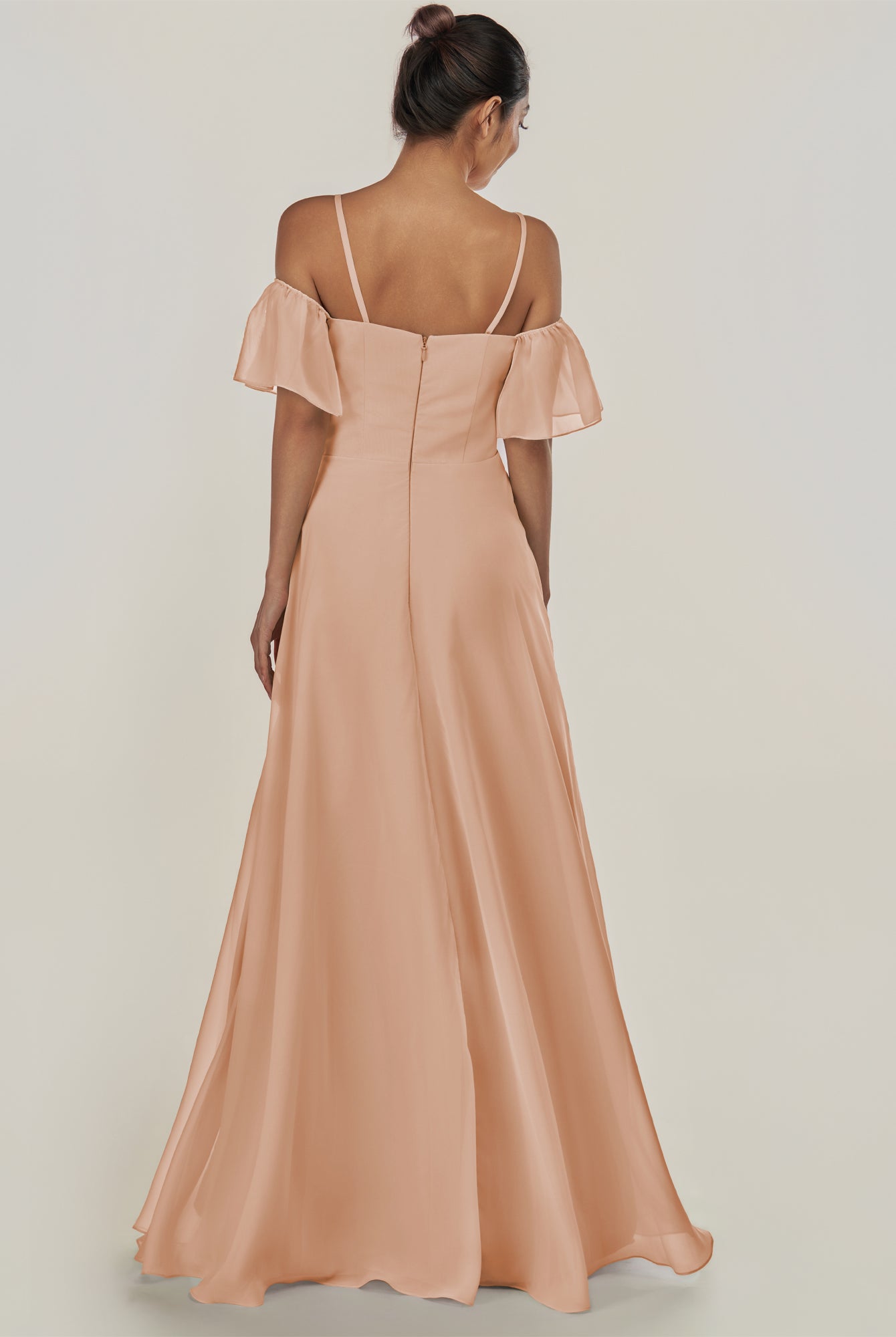 KissDress-Olia Champagne Rose A Line Chiffon Off the Shoulder Long Bridesmaid Dress with Slit