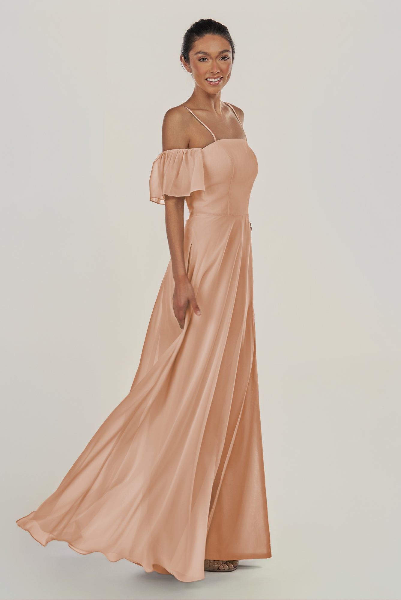 KissDress-Olia Champagne Rose A Line Chiffon Off the Shoulder Long Bridesmaid Dress with Slit