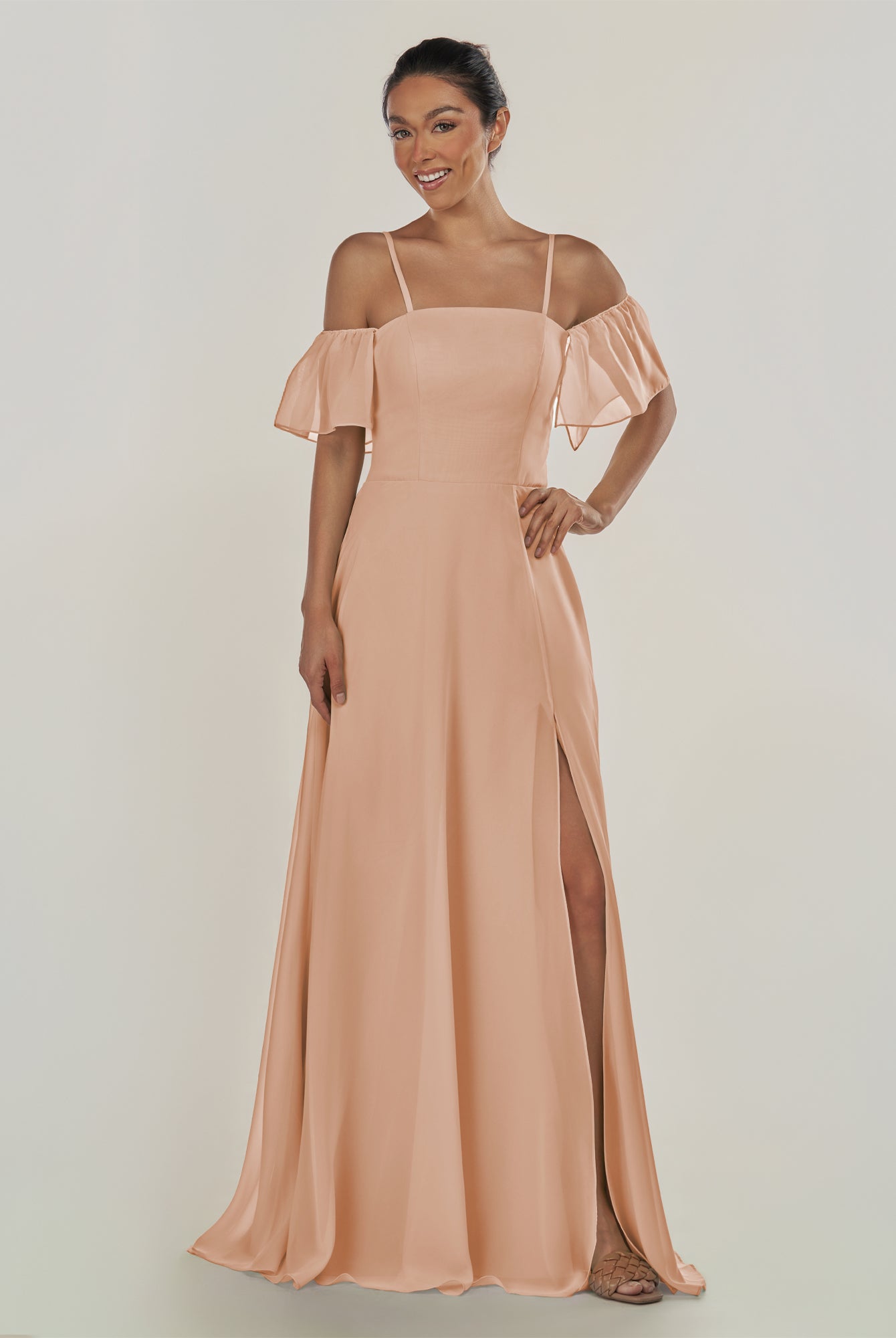 KissDress-Olia Champagne Rose A Line Chiffon Off the Shoulder Long Bridesmaid Dress with Slit