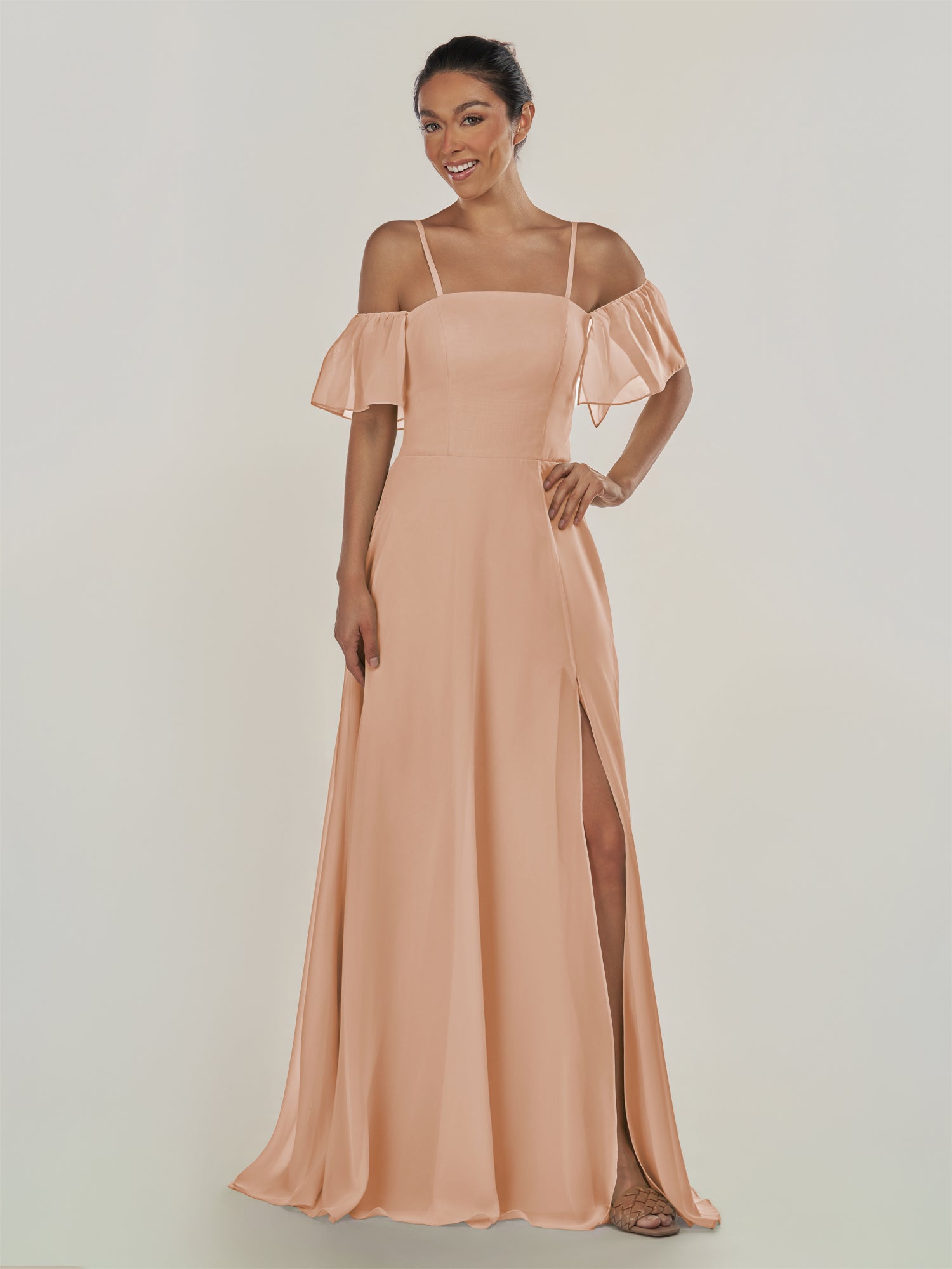 KissDress-Olia Champagne Rose A Line Chiffon Off the Shoulder Long Bridesmaid Dress with Slit
