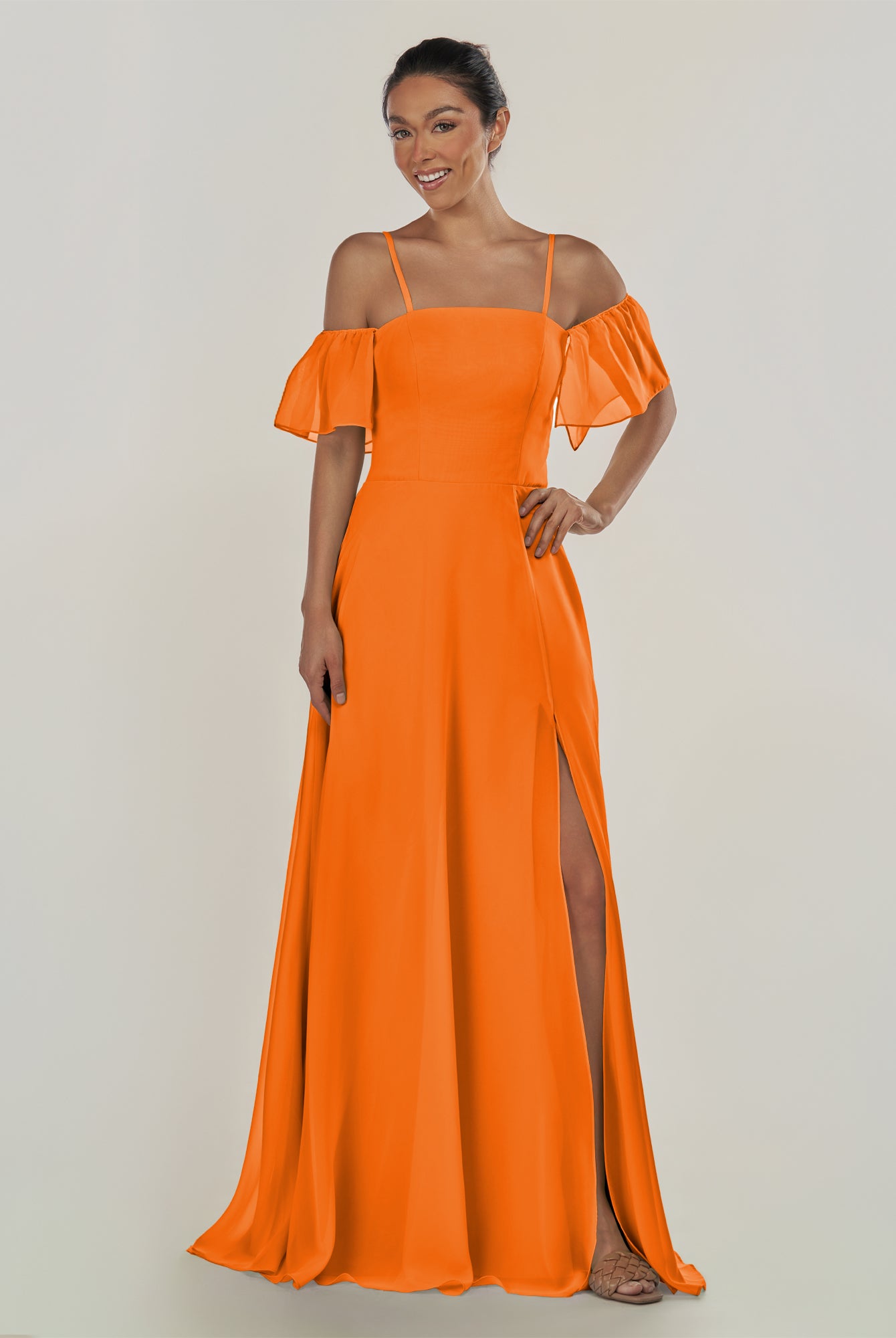 KissDress-Olia Cinnamon A Line Chiffon Off the Shoulder Long Bridesmaid Dress with Slit