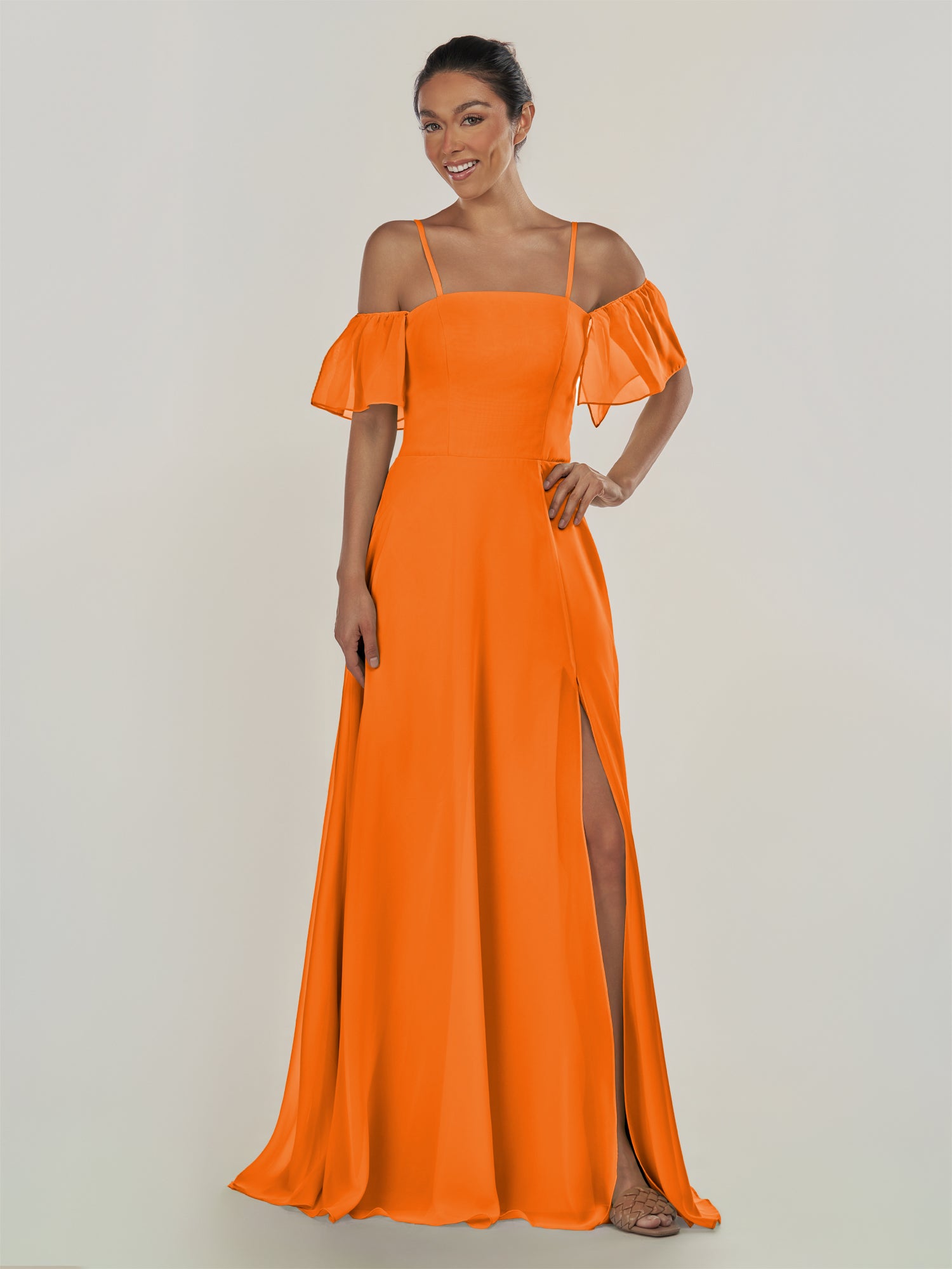 KissDress-Olia Cinnamon A Line Chiffon Off the Shoulder Long Bridesmaid Dress with Slit