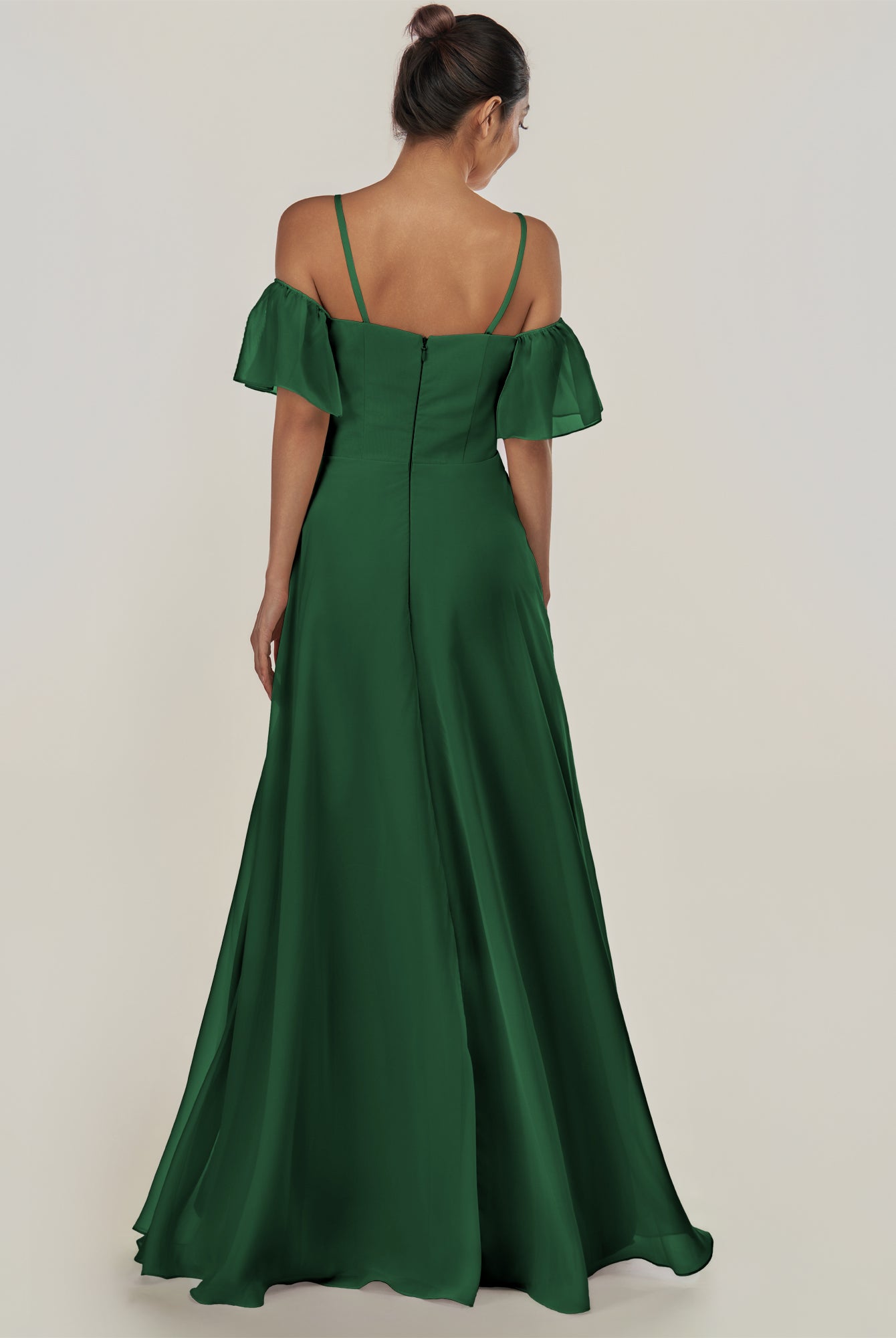 KissDress-Olia Dark Green A Line Chiffon Off the Shoulder Long Bridesmaid Dress with Slit