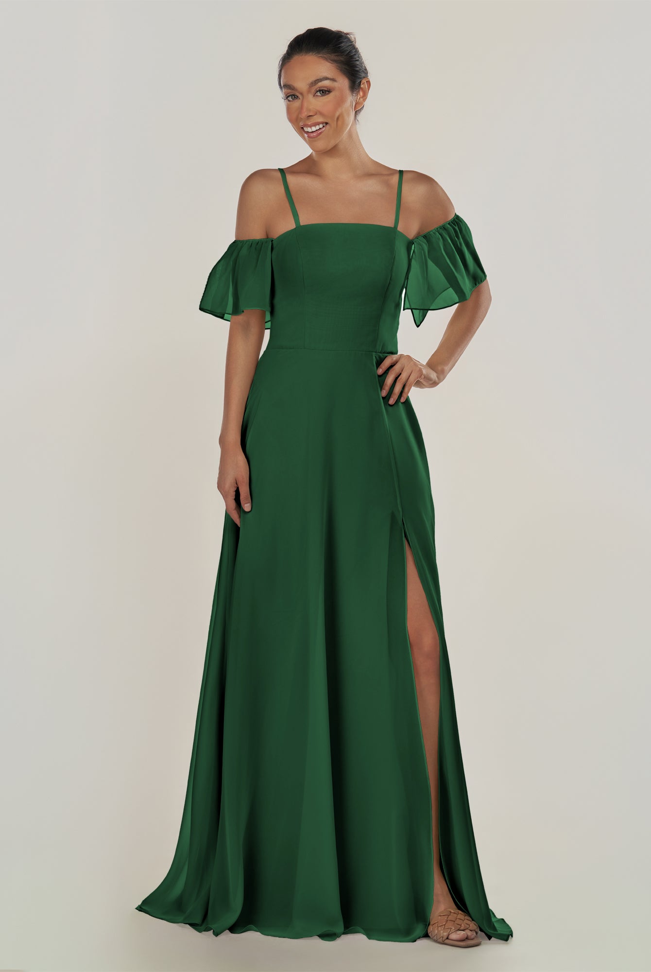 KissDress-Olia Dark Green A Line Chiffon Off the Shoulder Long Bridesmaid Dress with Slit