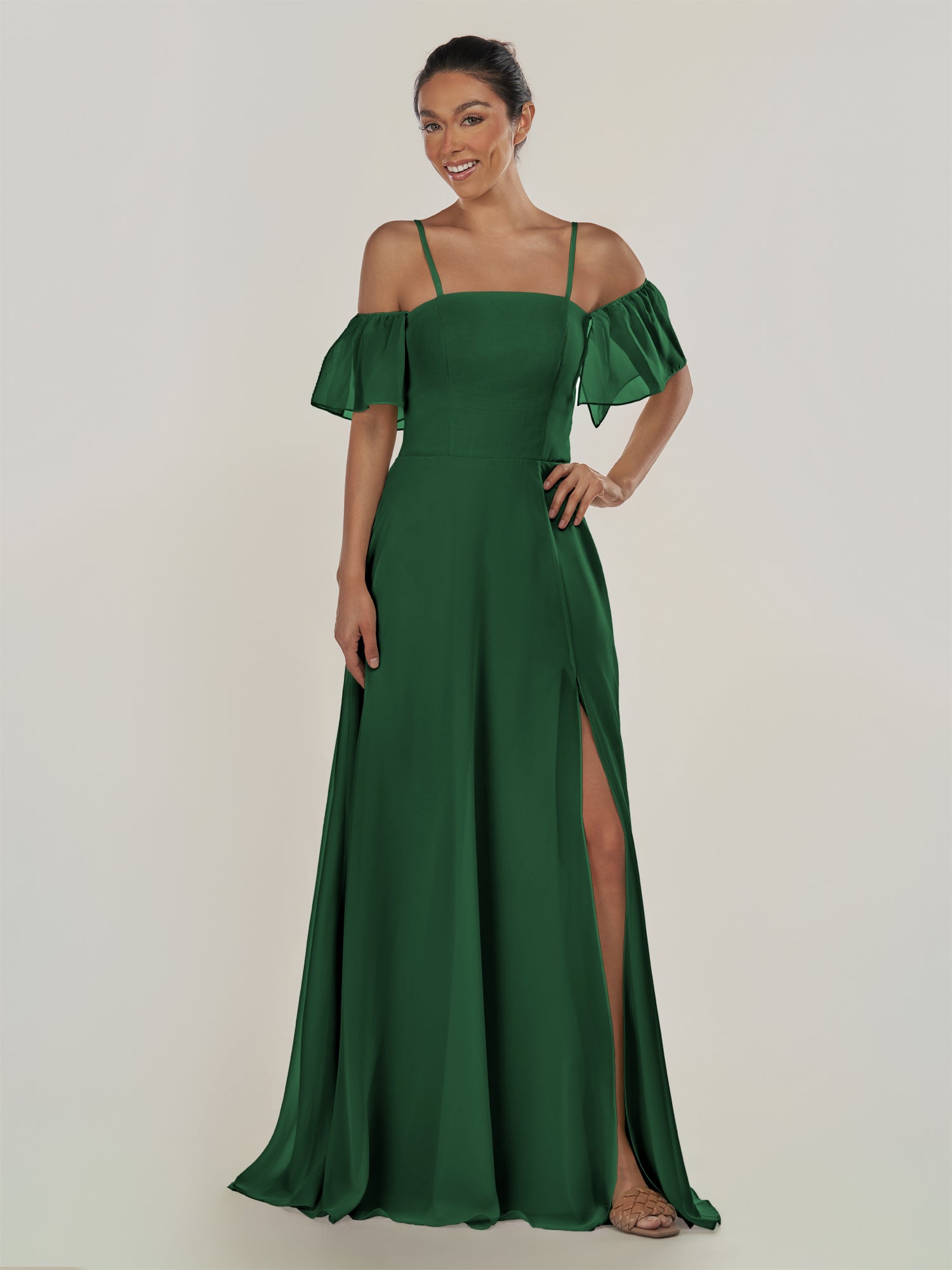 KissDress-Olia Dark Green A Line Chiffon Off the Shoulder Long Bridesmaid Dress with Slit