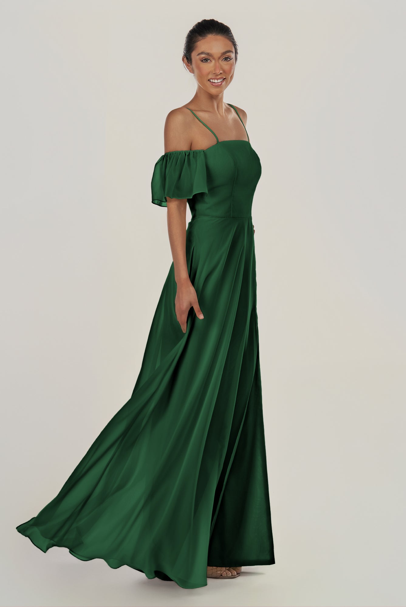 KissDress-Olia Dark Green A Line Chiffon Off the Shoulder Long Bridesmaid Dress with Slit