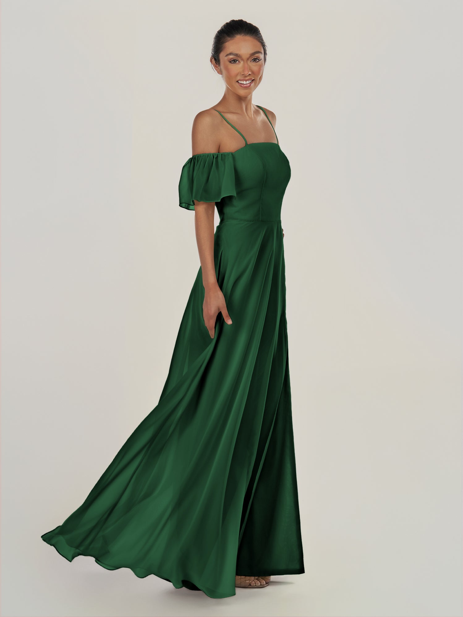 KissDress-Olia Dark Green A Line Chiffon Off the Shoulder Long Bridesmaid Dress with Slit