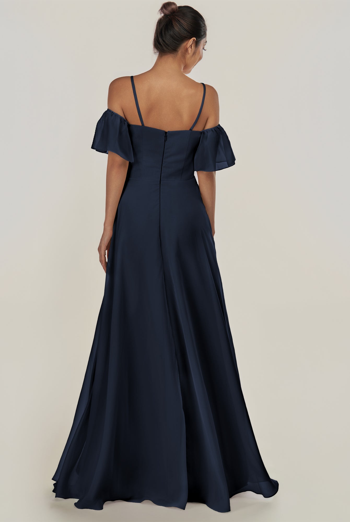 KissDress-Olia Dark Navy A Line Chiffon Off the Shoulder Long Bridesmaid Dress with Slit