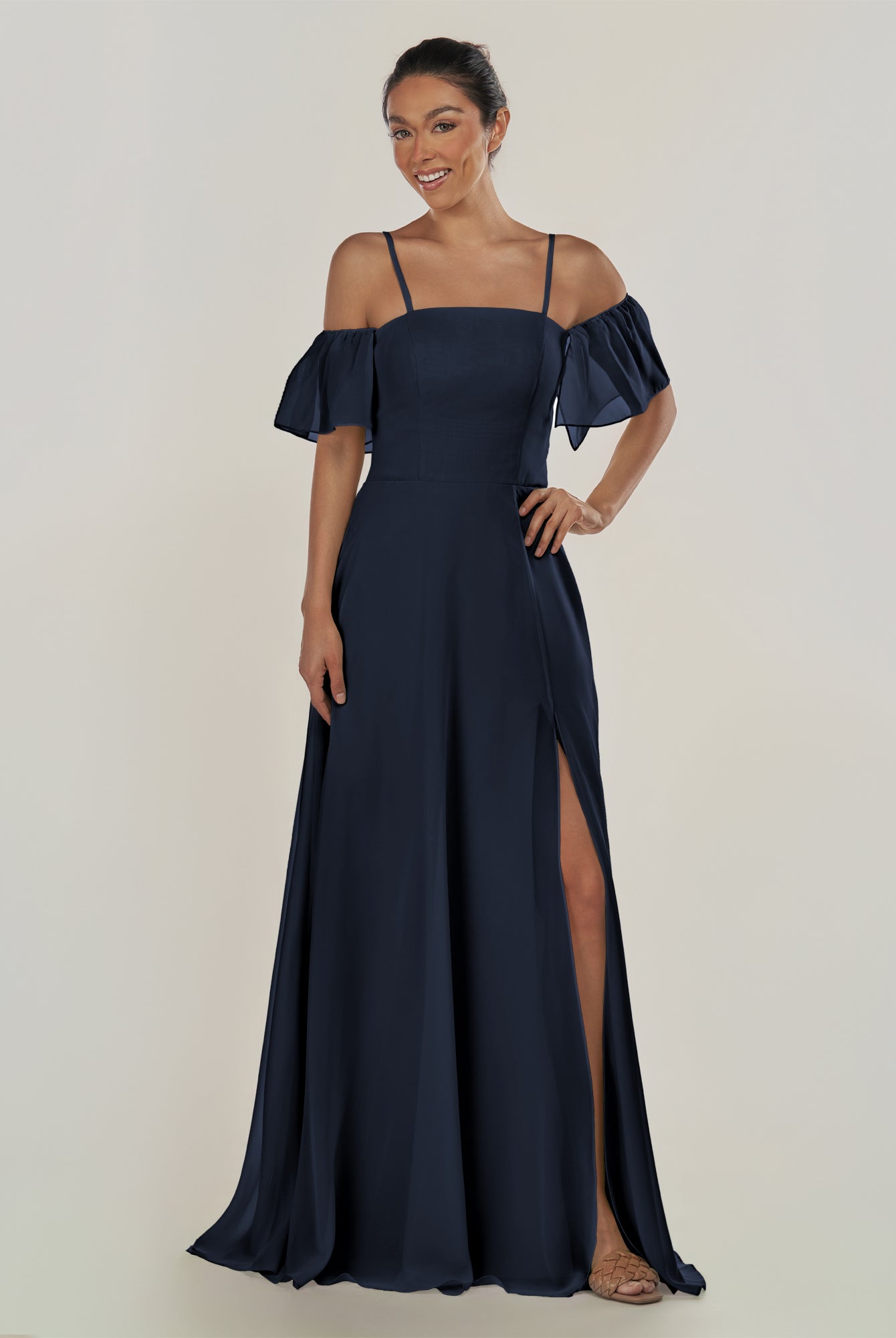KissDress-Olia Dark Navy A Line Chiffon Off the Shoulder Long Bridesmaid Dress with Slit