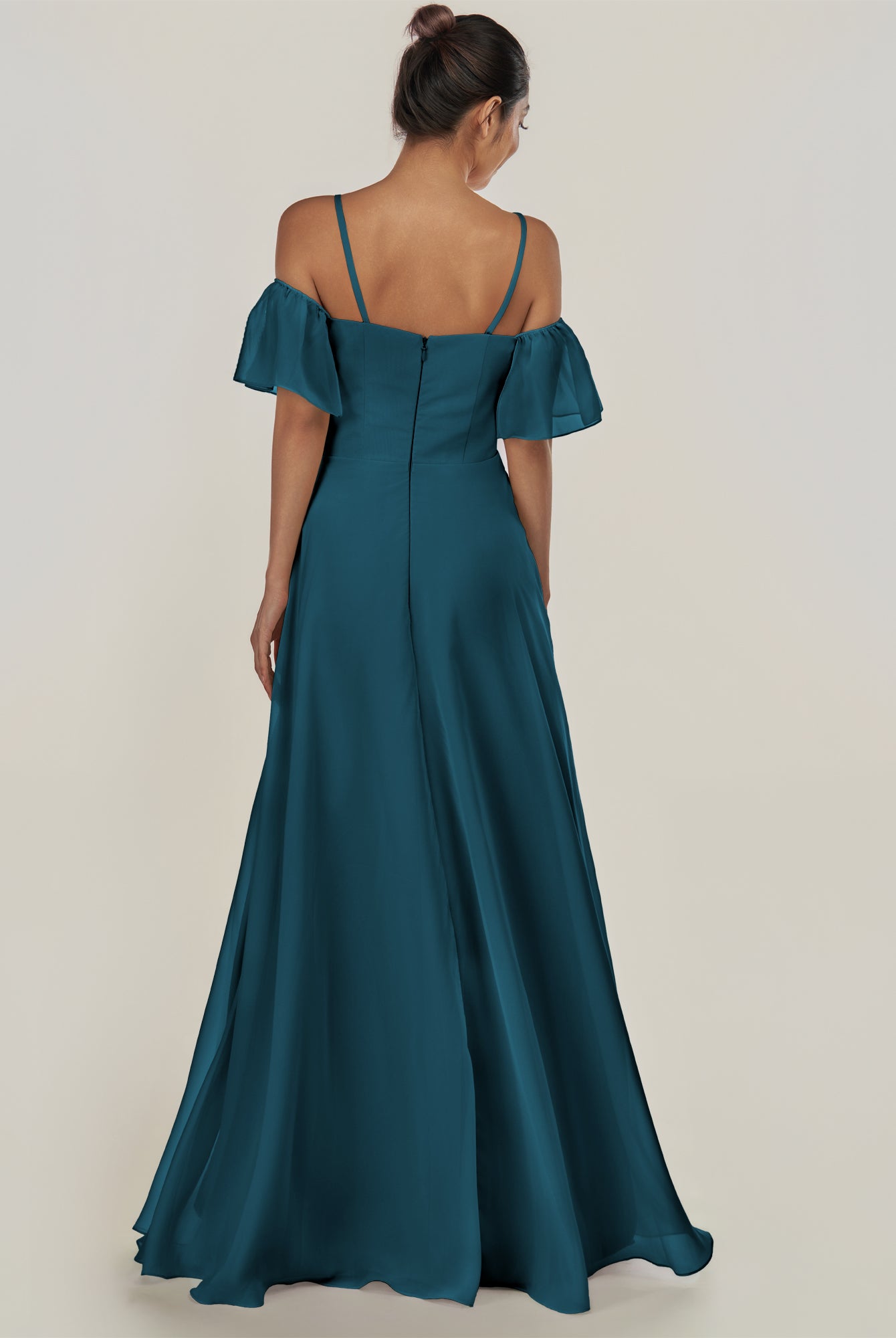 KissDress-Olia Dark Teal A Line Chiffon Off the Shoulder Long Bridesmaid Dress with Slit