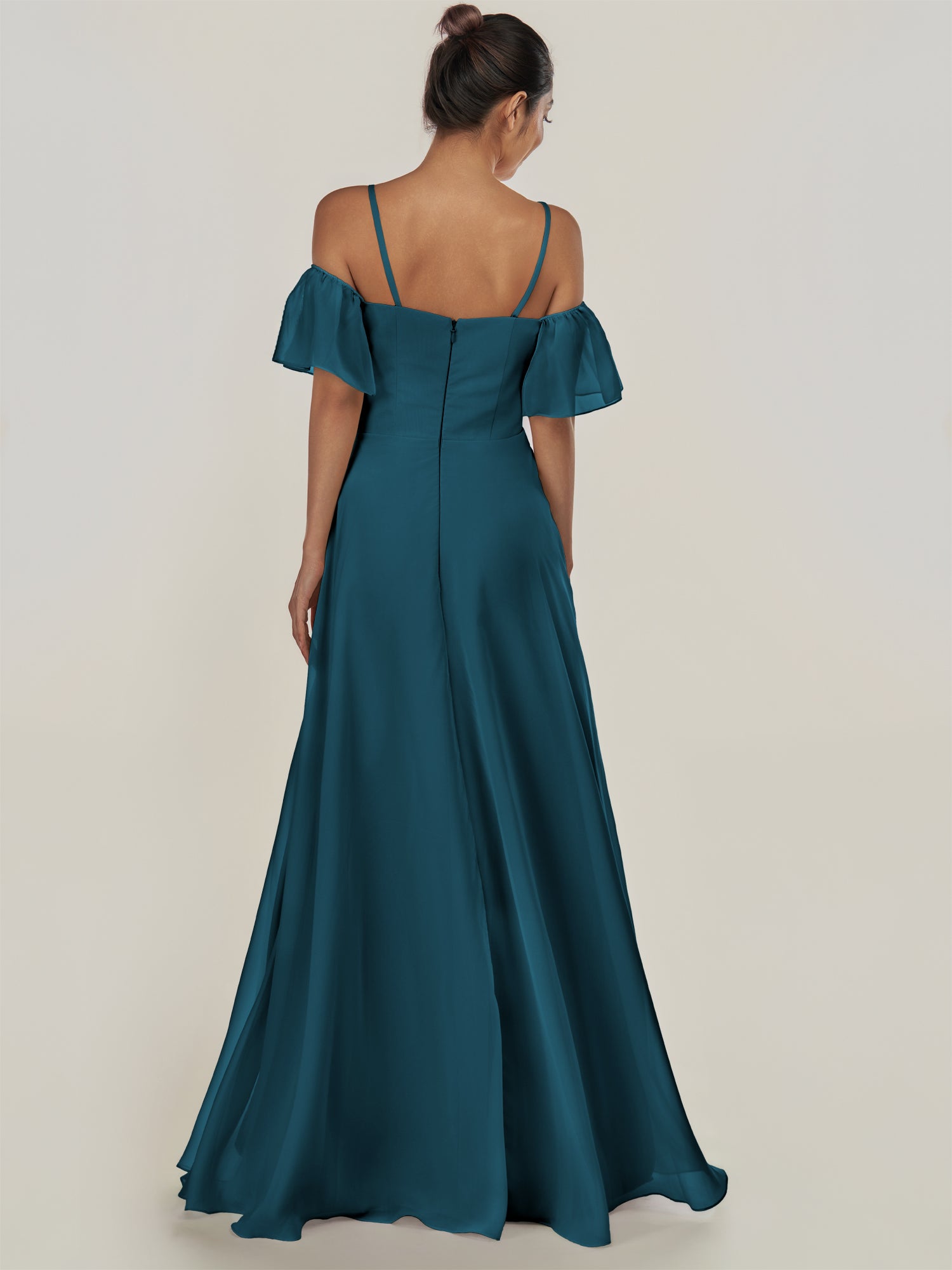 KissDress-Olia Dark Teal A Line Chiffon Off the Shoulder Long Bridesmaid Dress with Slit