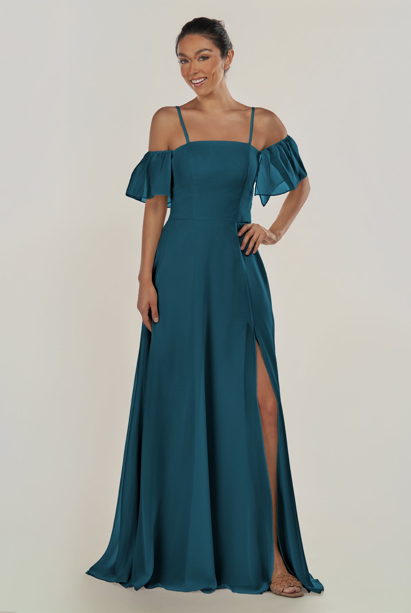 KissDress-Olia Dark Teal A Line Chiffon Off the Shoulder Long Bridesmaid Dress with Slit