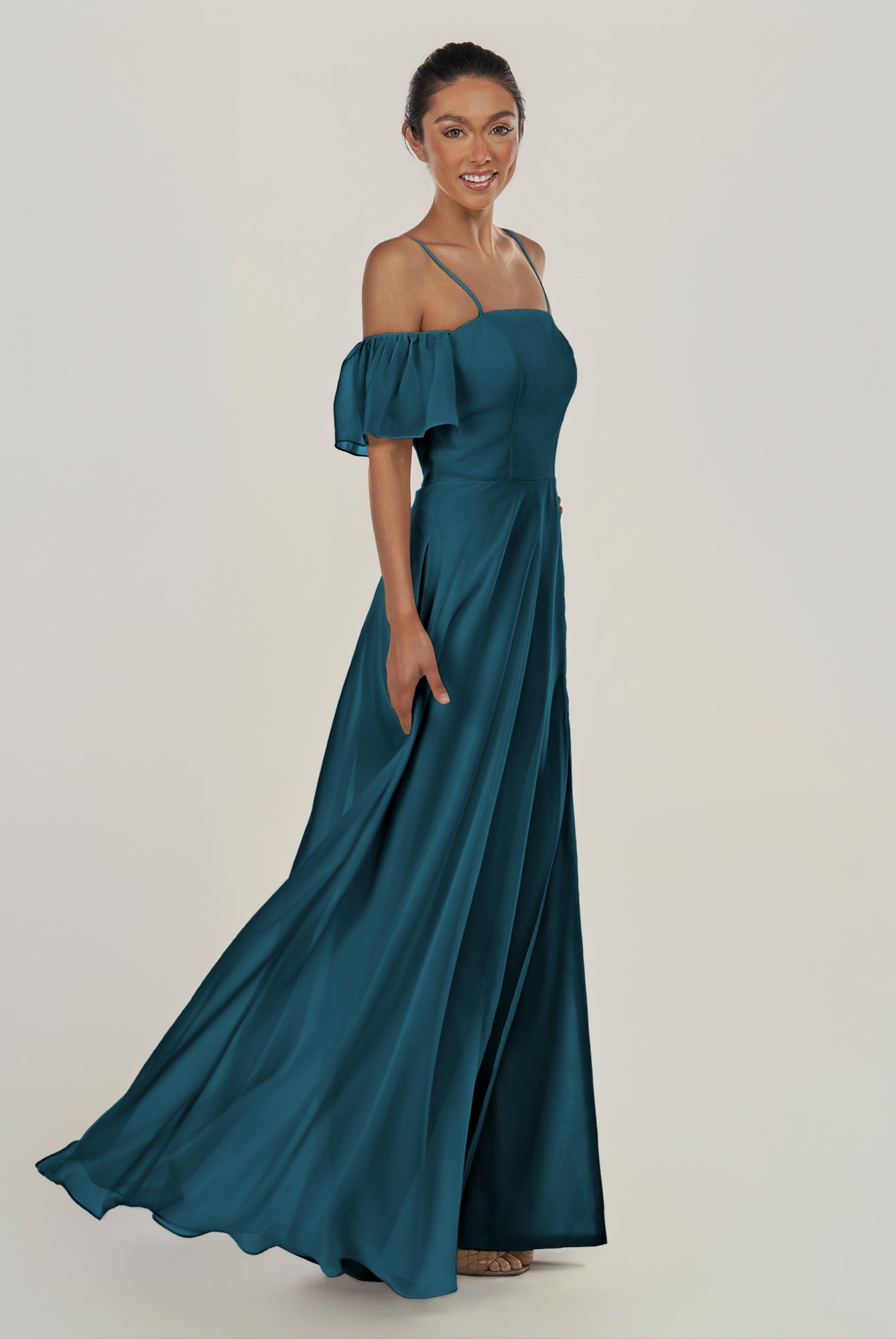 KissDress-Olia Dark Teal A Line Chiffon Off the Shoulder Long Bridesmaid Dress with Slit