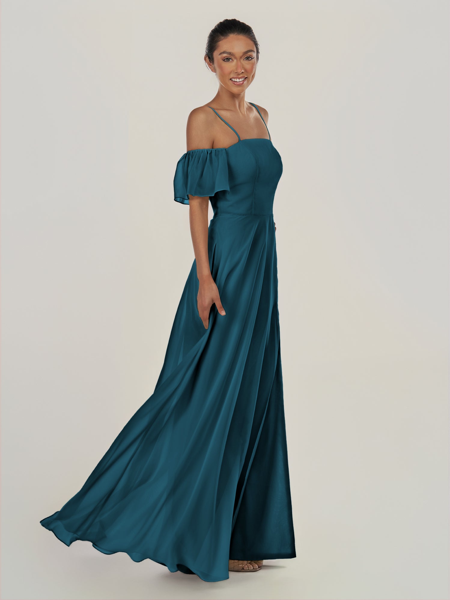 KissDress-Olia Dark Teal A Line Chiffon Off the Shoulder Long Bridesmaid Dress with Slit
