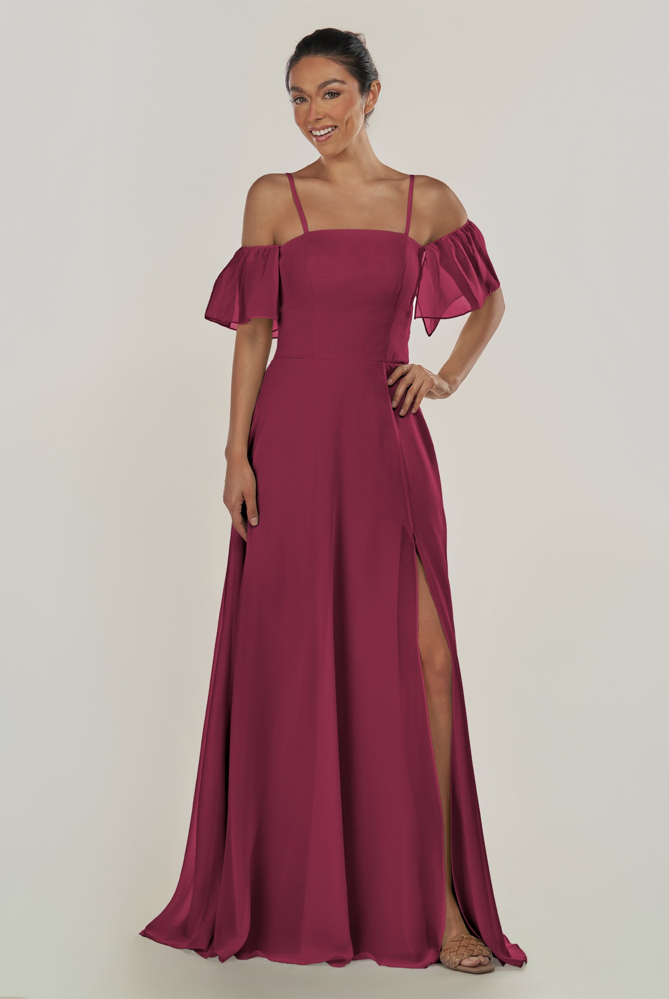 KissDress-Olia Desert Rose A Line Chiffon Off the Shoulder Long Bridesmaid Dress with Slit
