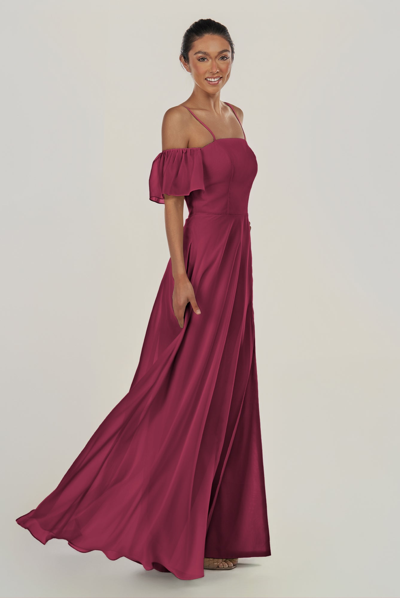 KissDress-Olia Desert Rose A Line Chiffon Off the Shoulder Long Bridesmaid Dress with Slit