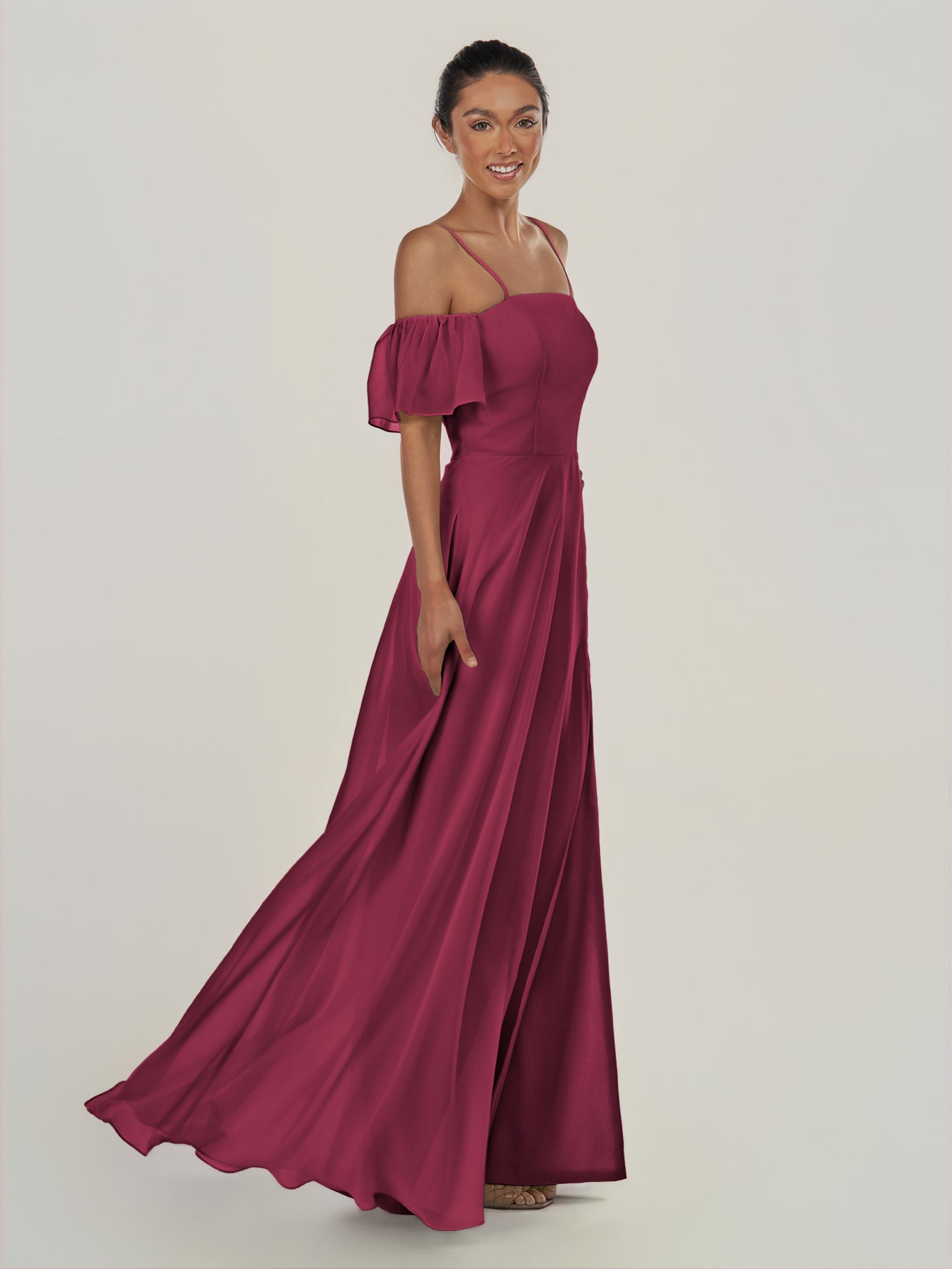 KissDress-Olia Desert Rose A Line Chiffon Off the Shoulder Long Bridesmaid Dress with Slit