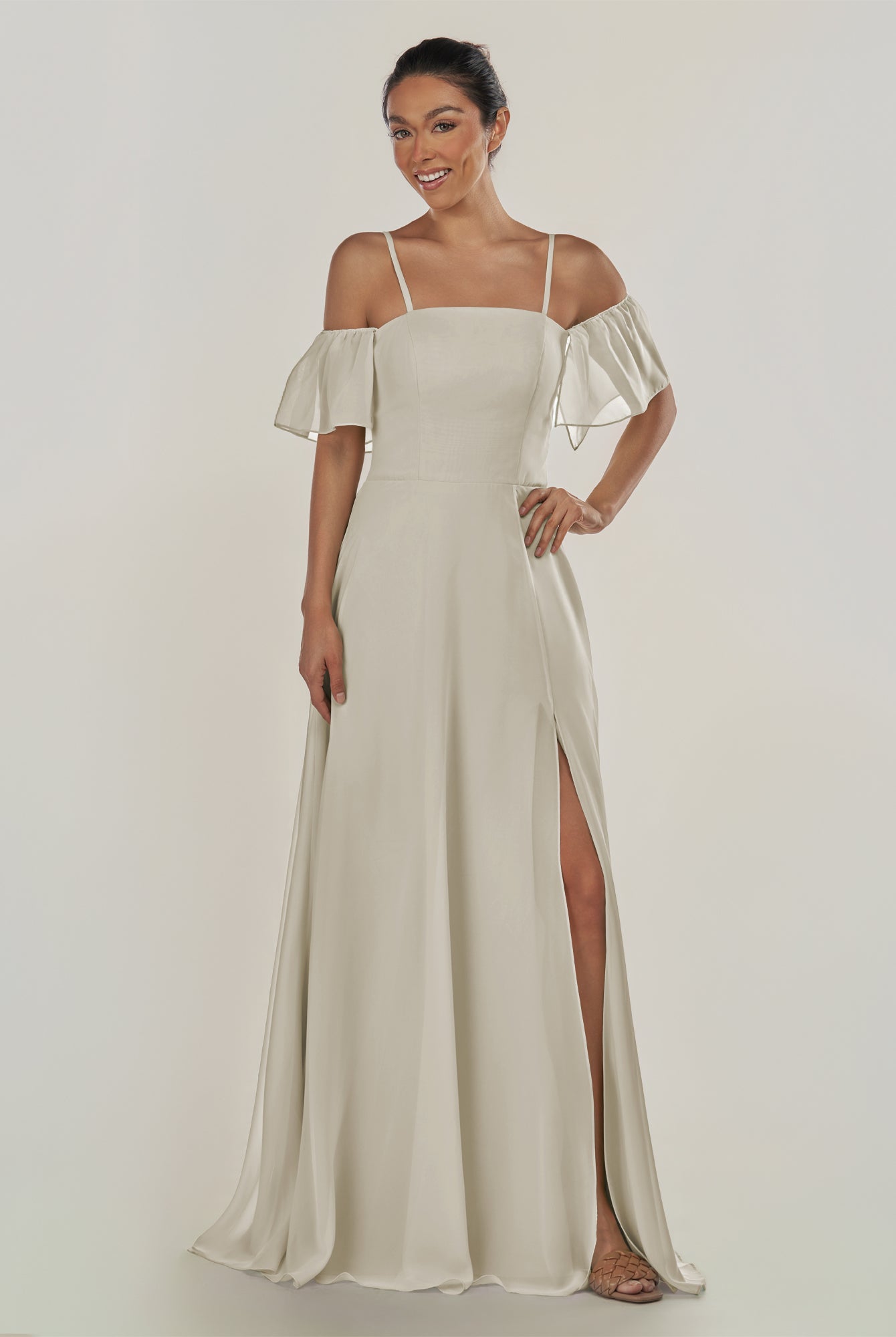 KissDress-Olia Dove Gray A Line Chiffon Off the Shoulder Long Bridesmaid Dress with Slit