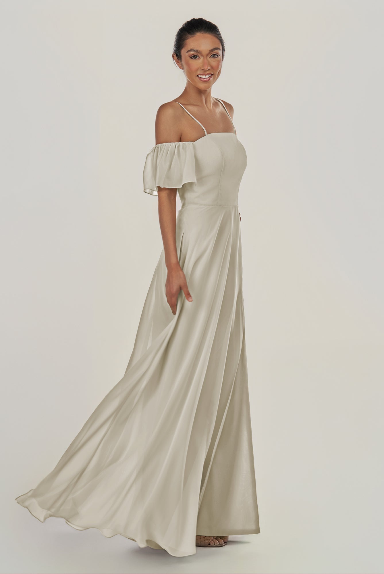 KissDress-Olia Dove Gray A Line Chiffon Off the Shoulder Long Bridesmaid Dress with Slit