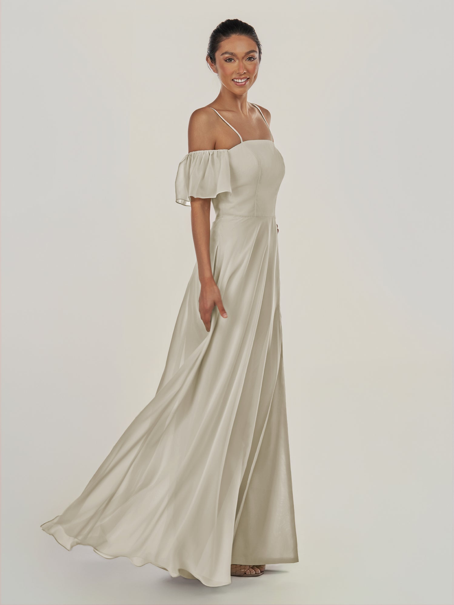 KissDress-Olia Dove Gray A Line Chiffon Off the Shoulder Long Bridesmaid Dress with Slit