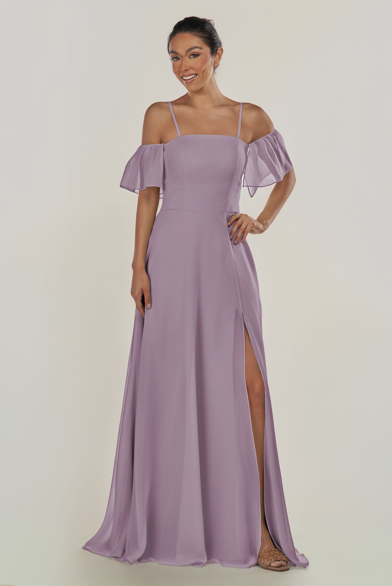 KissDress-Olia Dusk A Line Chiffon Off the Shoulder Long Bridesmaid Dress with Slit