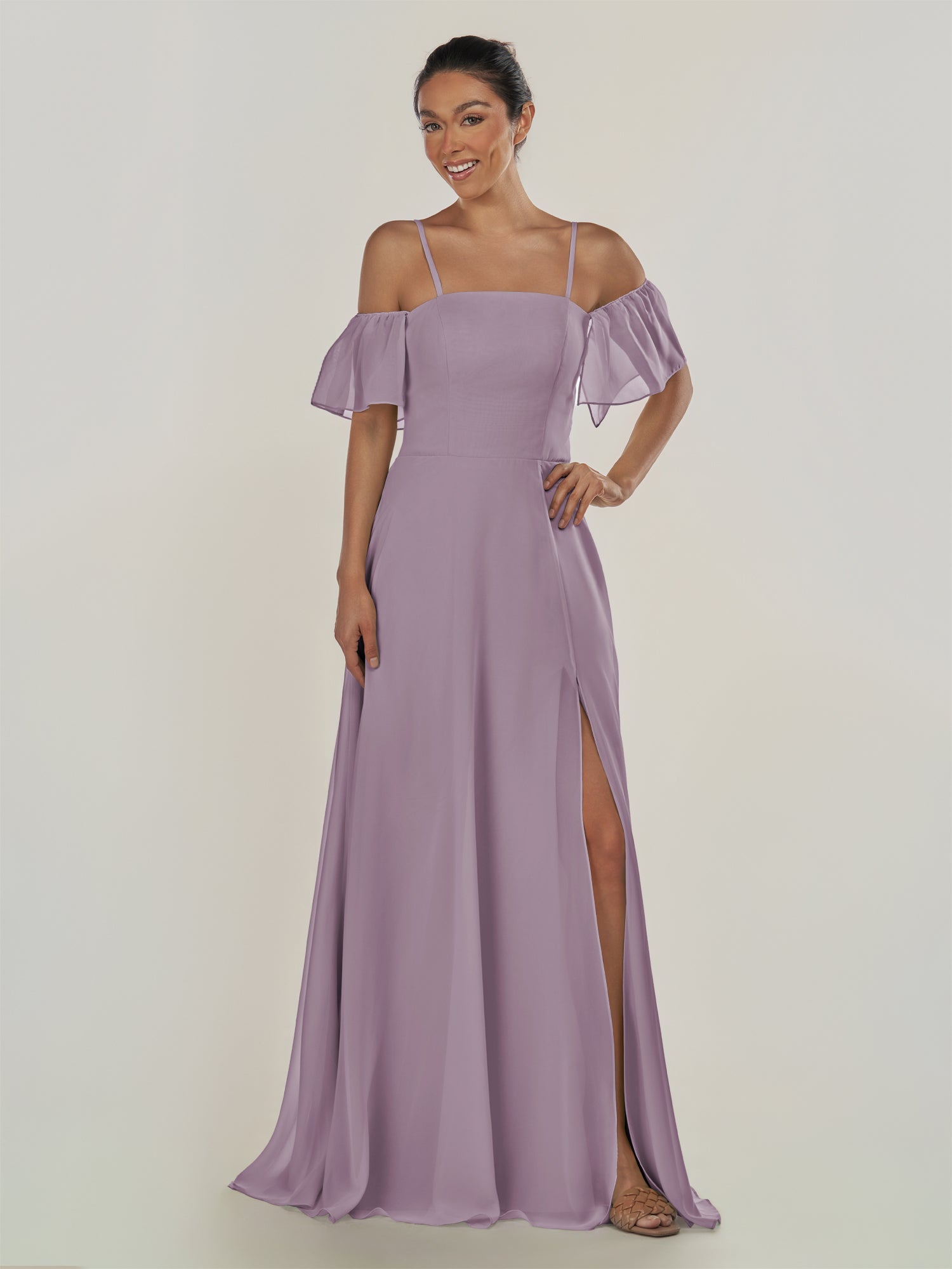 KissDress-Olia Dusk A Line Chiffon Off the Shoulder Long Bridesmaid Dress with Slit