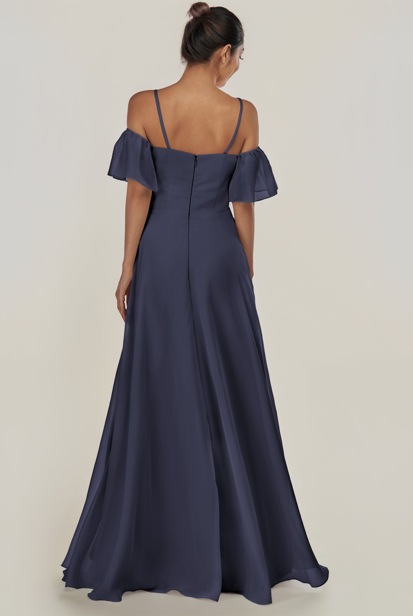 KissDress-Olia Dusk Blue A Line Chiffon Off the Shoulder Long Bridesmaid Dress with Slit