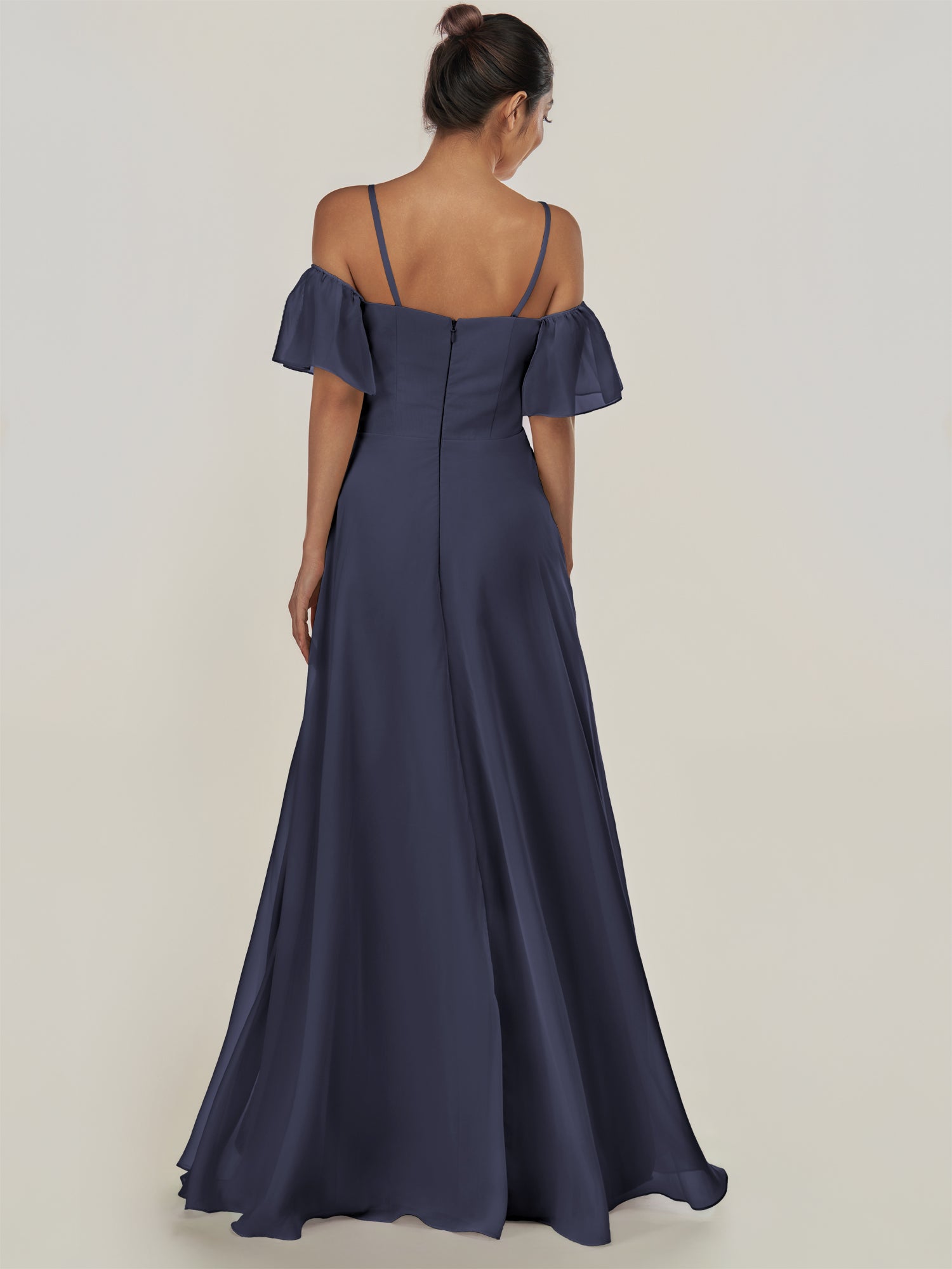 KissDress-Olia Dusk Blue A Line Chiffon Off the Shoulder Long Bridesmaid Dress with Slit