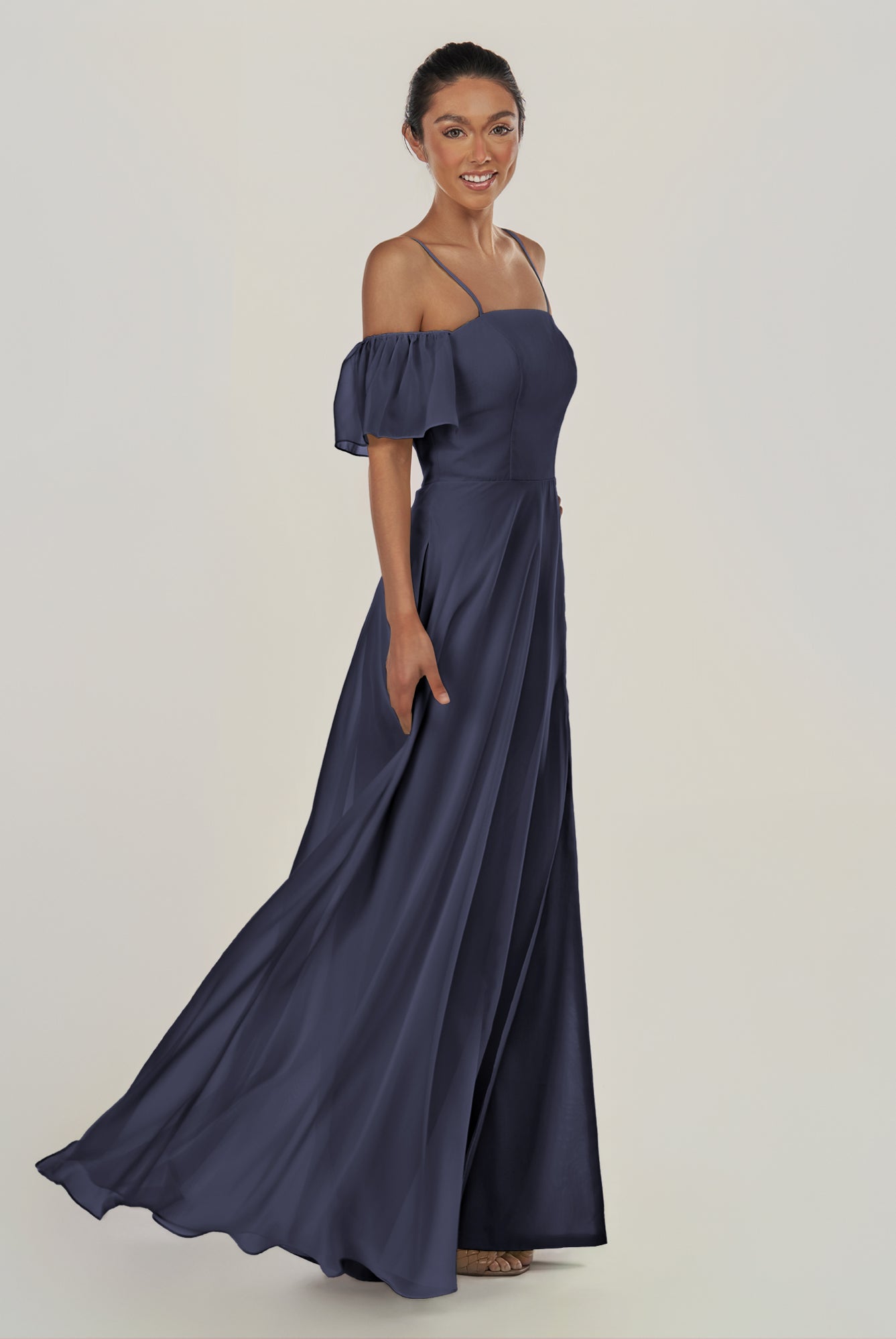 KissDress-Olia Dusk Blue A Line Chiffon Off the Shoulder Long Bridesmaid Dress with Slit