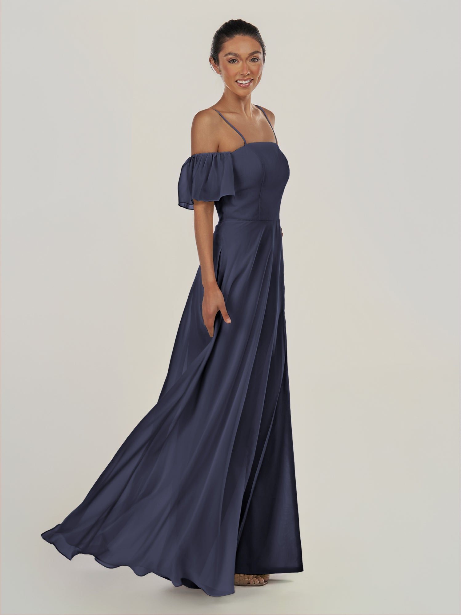 KissDress-Olia Dusk Blue A Line Chiffon Off the Shoulder Long Bridesmaid Dress with Slit