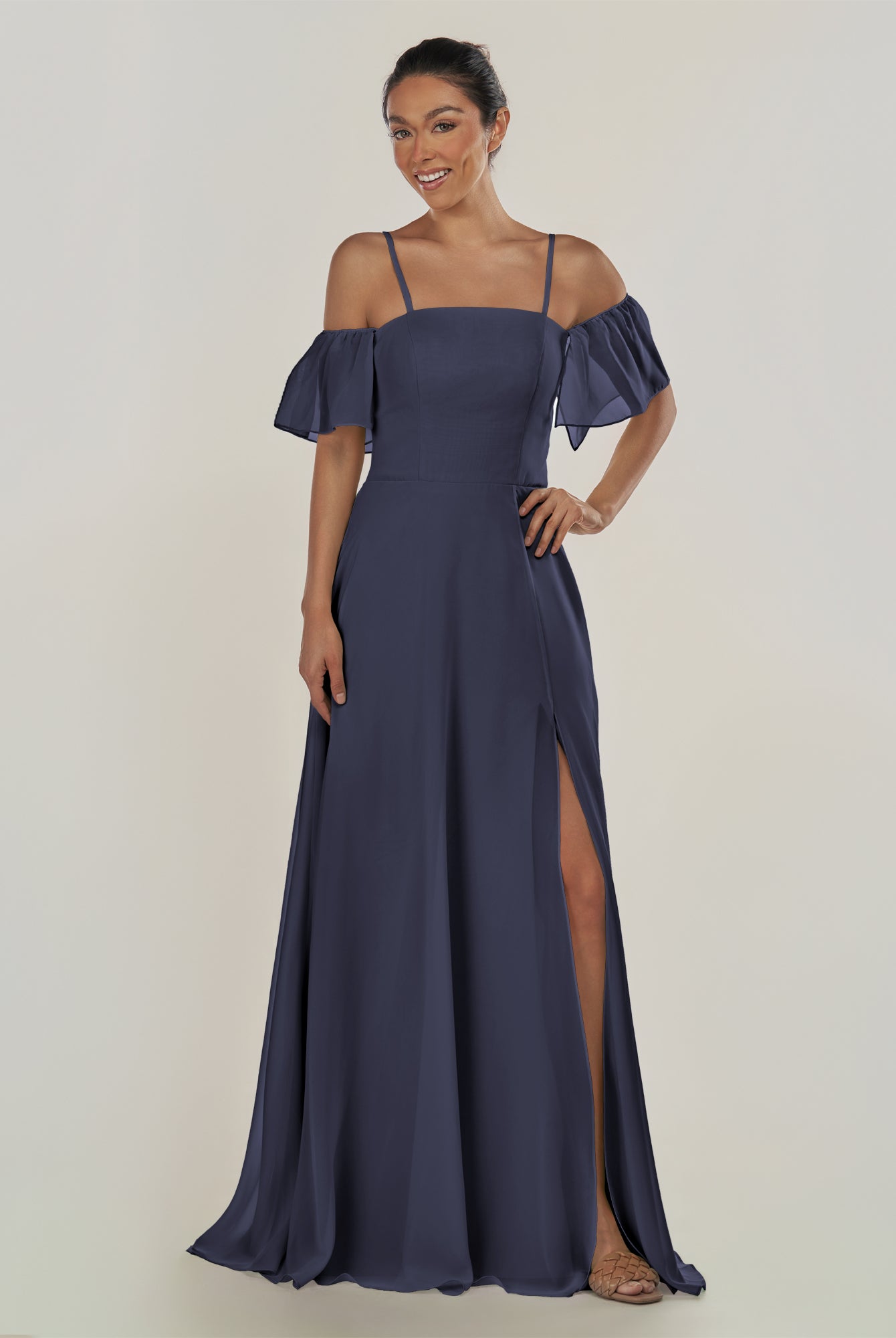 KissDress-Olia Dusk Blue A Line Chiffon Off the Shoulder Long Bridesmaid Dress with Slit