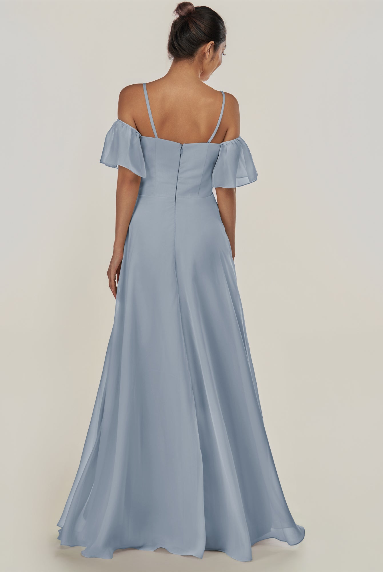 KissDress-Olia Dusty Blue A Line Chiffon Off the Shoulder Long Bridesmaid Dress with Slit